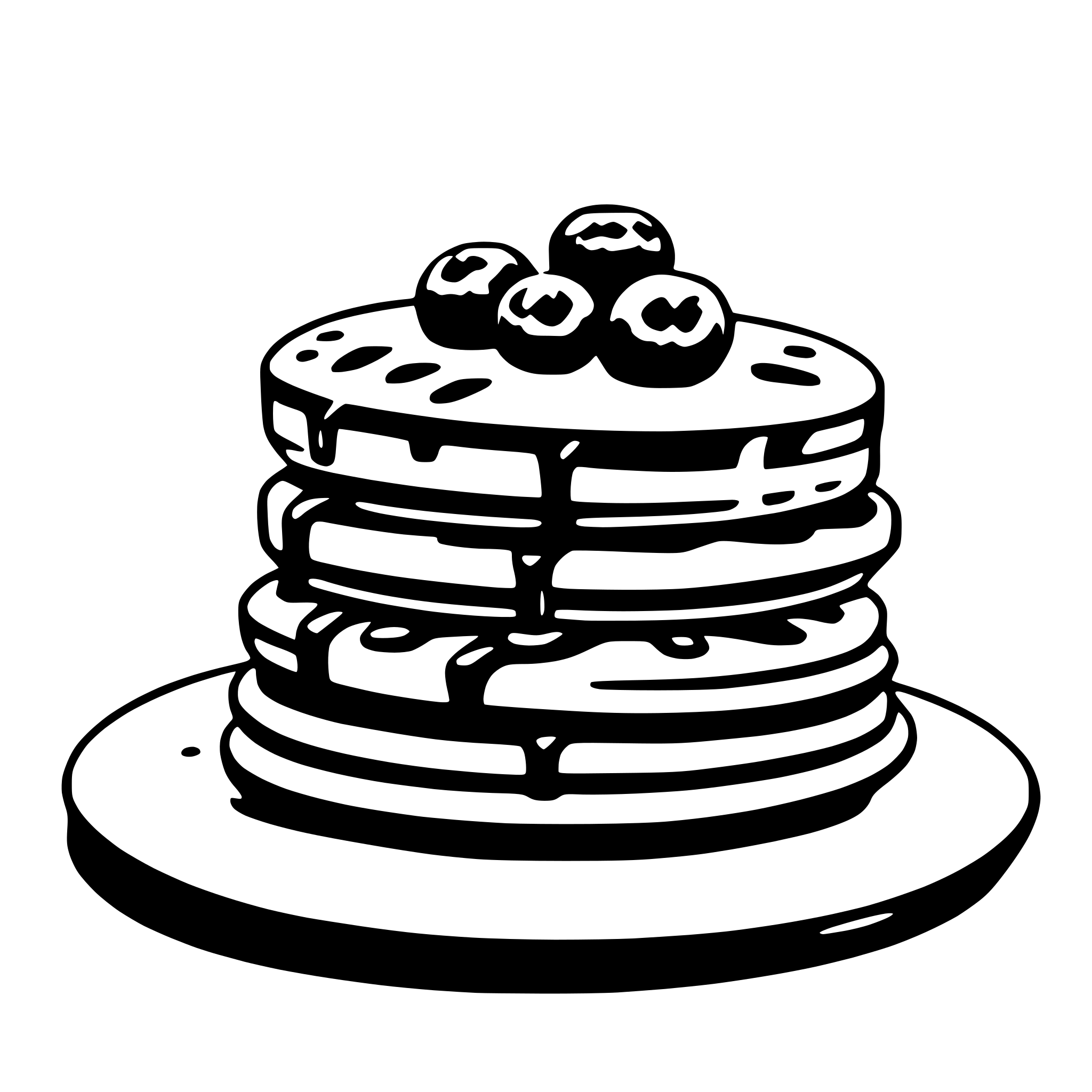 The SVG depicts a stack of pancakes topped with what appears to be a dollop of butter and a few pieces of fruit, possibly berries. The pancakes are arranged in a vertical stack, with the topmost pancake slightly offset to the right. The butter is placed on the topmost pancake, and the fruit is scattered across the topmost pancake. The pancakes are illustrated in a simple, cartoon-like style with solid outlines and minimal shading. The SVG does not contain any text. 