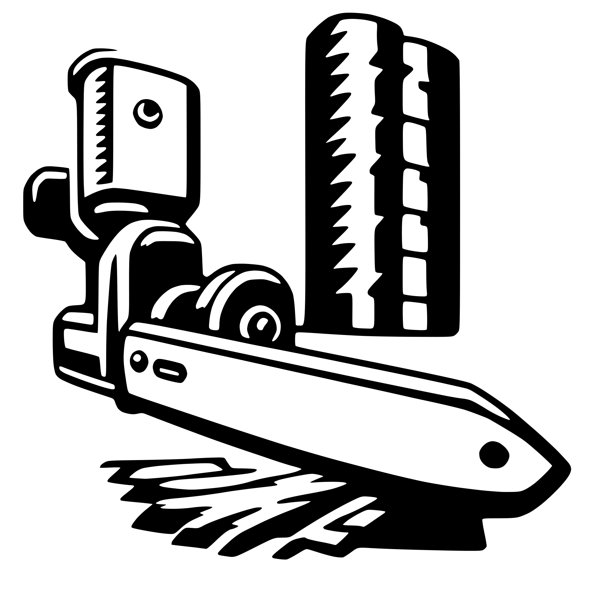 The SVG depicts a stylized illustration of a mechanical device, which appears to be a type of clamp or vice, with a handle on the left side and a jaw on the right. The device is positioned on a surface with a shadow cast beneath it, suggesting a three-dimensional perspective. In the background, there are two vertical structures that resemble tall buildings or towers, with a series of horizontal lines that could represent windows or other architectural details. The overall style is simplistic and graphic, with clean lines and a limited color palette. 