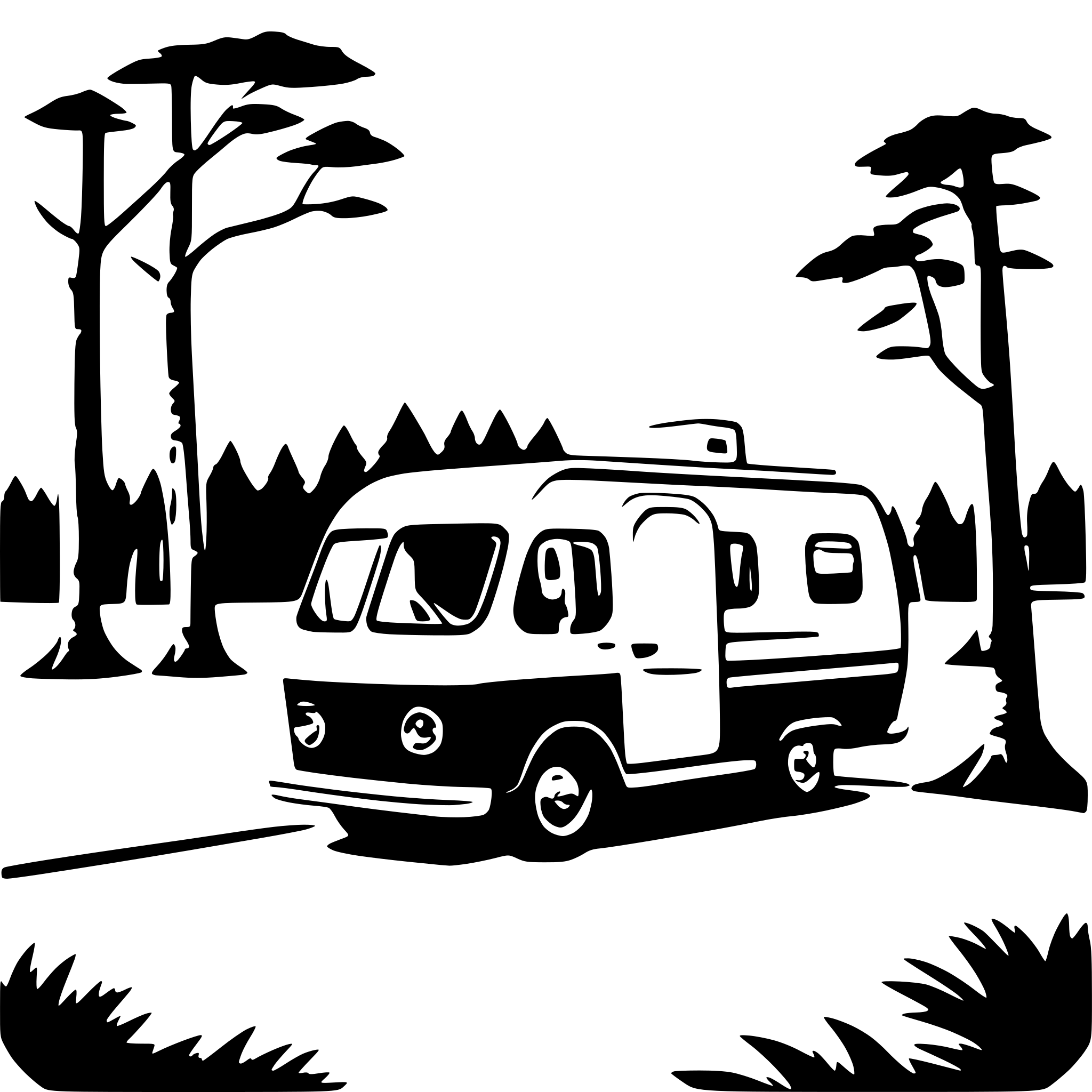 AI-generated SVG of 'A cute, simple illustration of a camper van pulling into a campground. Long shot profile viewpoint.'