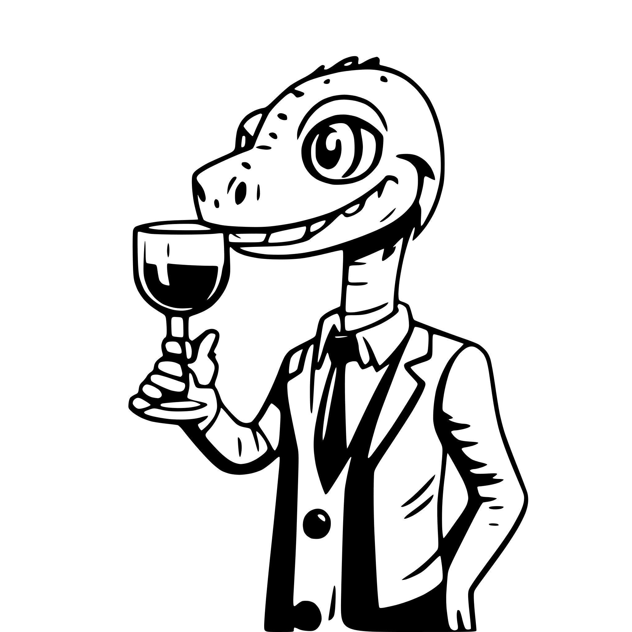 AI-generated SVG of a dinosaur with a glss of wine in the hand