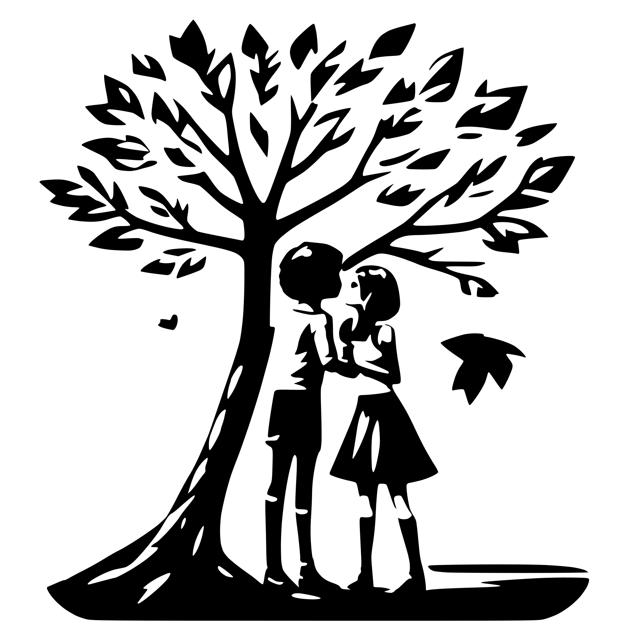 AI-generated SVG of a boy girl kissing under tree filled black