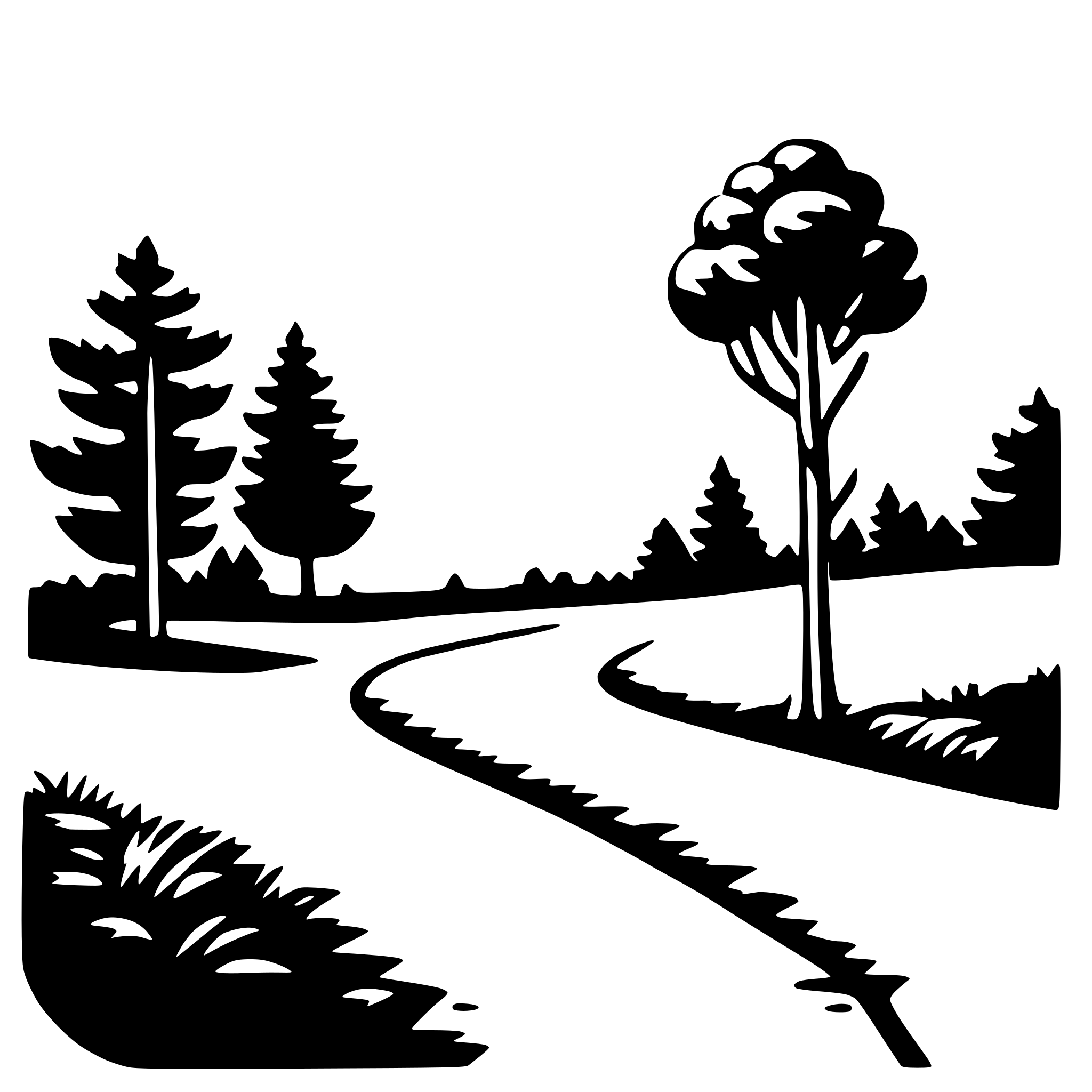 The SVG depicts a stylized, black and white illustration of a forested area with a winding road. The main objects are a road that curves to the right, a tree on the left side of the road, and a tree on the right side of the road. The trees are silhouetted against a lighter background, and the road appears to be a path or trail leading into the forest. The interaction between the objects is that the road is a man-made feature that cuts through the natural environment, with the trees standing on either side of the path. The SVG conveys a sense of tranquility and the juxtaposition of human-made structures with nature. 