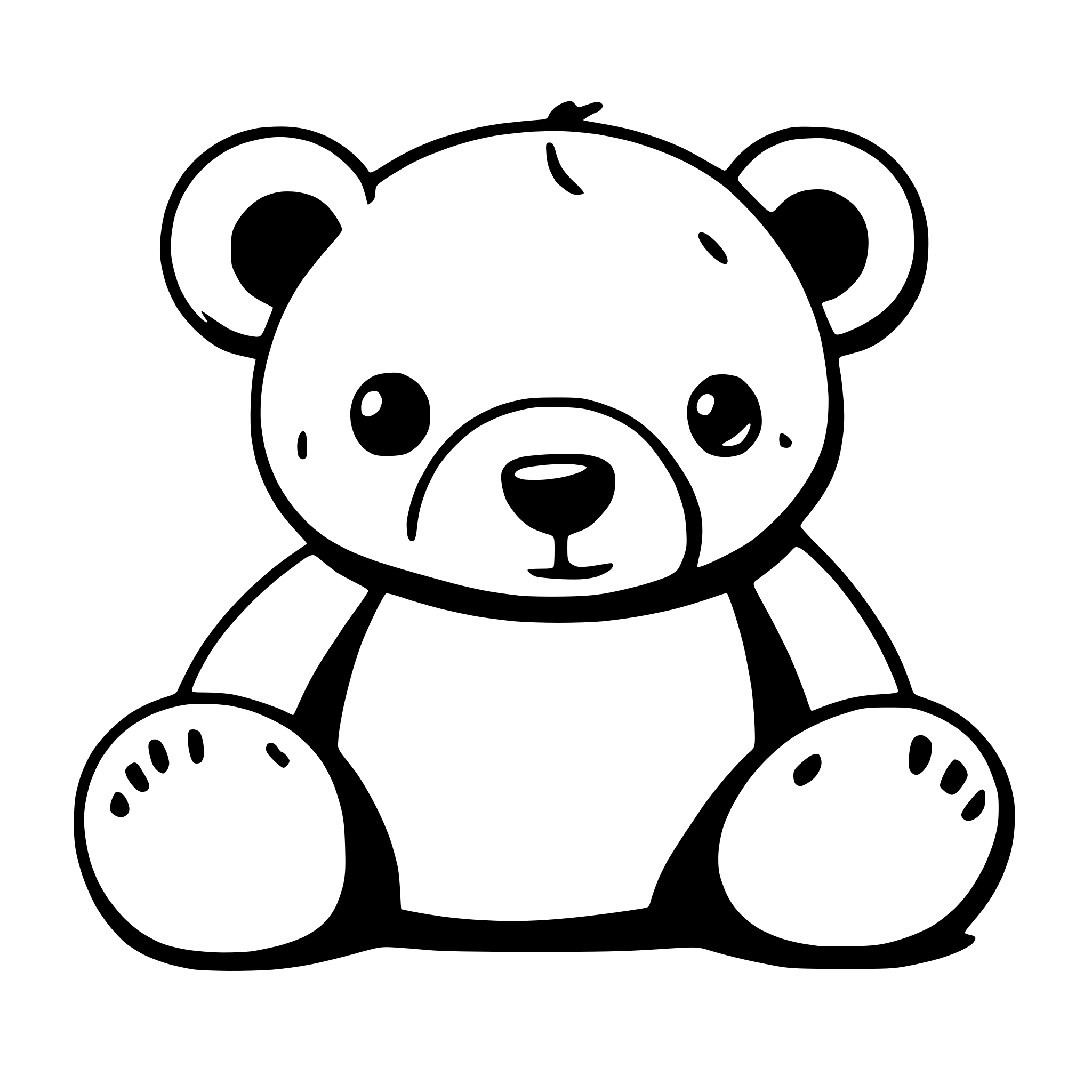 AI-generated SVG of a Crie urso teddy fofo com imagem só de contorno simples para poder ser usado no Software paramétrico e criar um chaveiro, sentados de frente com expressões amigáveis com focinho, olhos e detalhes na barriga e nas patas. Patas dianteiras arredondadas e voltadas para a frente, com detalhes de pegadas pretas. As orelhas  com borda mais escura na parte interna, dando profundidade ao design. Gere em 2D com espessura de contorno de 5mm.