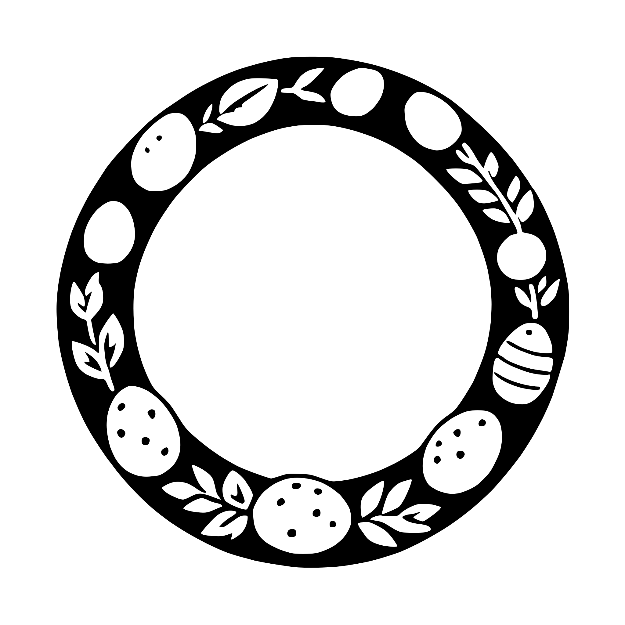 The SVG displays a circular wreath with a central hole. The wreath is composed of a series of stylized leaves and berries arranged in a repeating pattern around the circumference of the circle. The leaves and berries are depicted in a simplified, graphic style with a limited color palette, which includes shades of green, brown, and white. The design is symmetrical and appears to be a decorative element, possibly intended for use as a border or a decorative motif. 