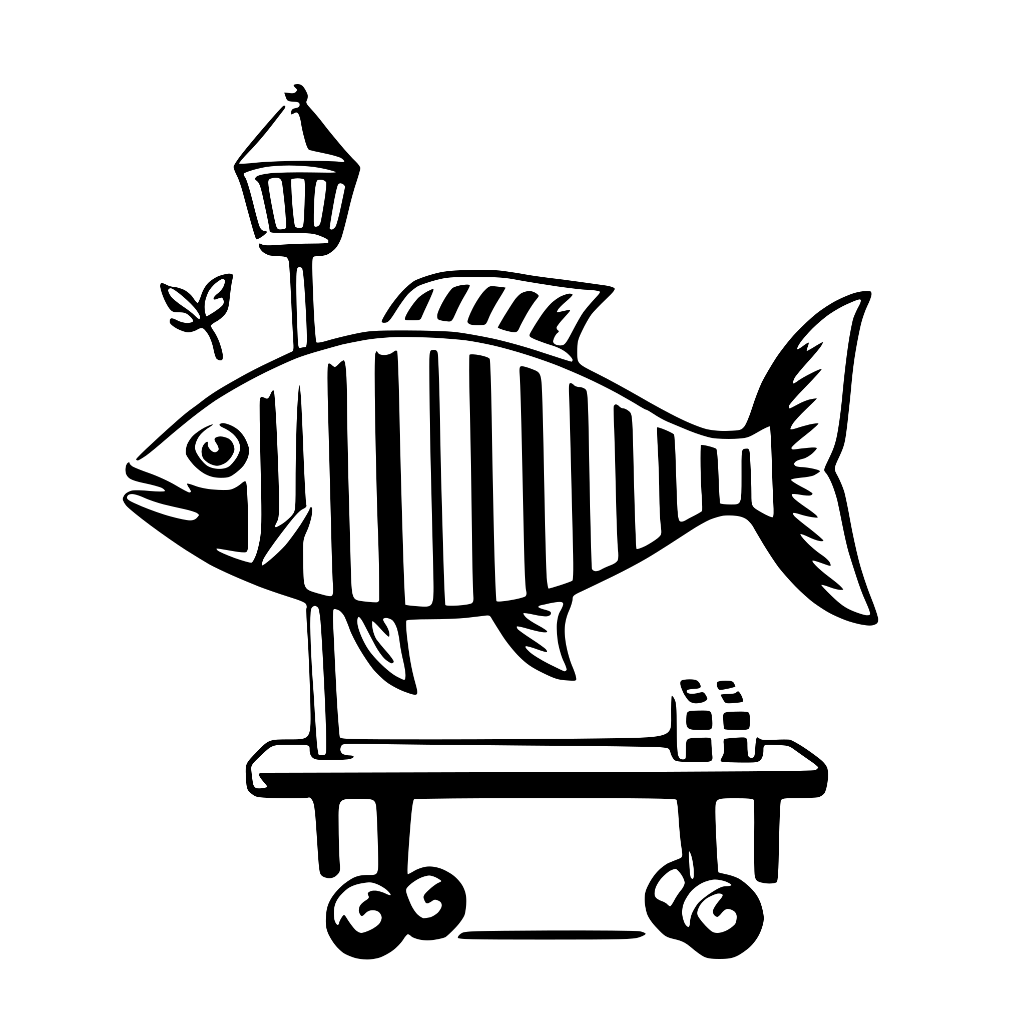 The SVG depicts a stylized fish with vertical stripes, sitting on a scale. The fish is facing to the right and appears to be smiling or with an open mouth. The scale has a lever on the right side, which is typically used to weigh objects. The fish is also adorned with a small plant or flower on its head, adding a decorative element to the illustration. The overall style is simple and cartoonish, with bold outlines and minimal shading. 