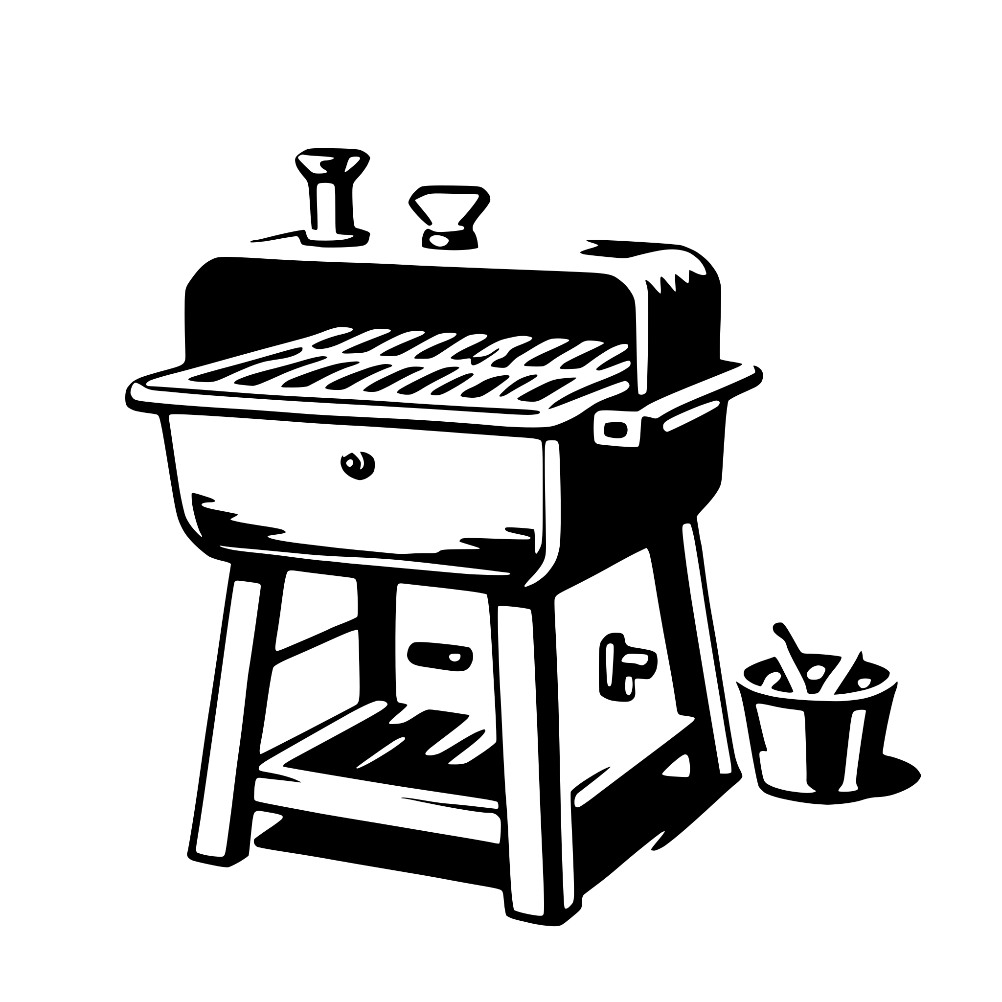 The SVG depicts a simple, stylized illustration of a barbecue grill. The grill is a prominent object, with a lid that is open, revealing the grill grates inside. To the right of the grill, there is a small bucket, possibly for holding charcoal or other grilling materials. The grill is placed on a stand with four legs, and there are two tools visible: a spatula and a pair of tongs, which are commonly used for handling food on a grill. The illustration is minimalistic, with no additional text or embellishments. The objects are arranged in a way that suggests the grill is ready for use, with the tools nearby for convenience. 