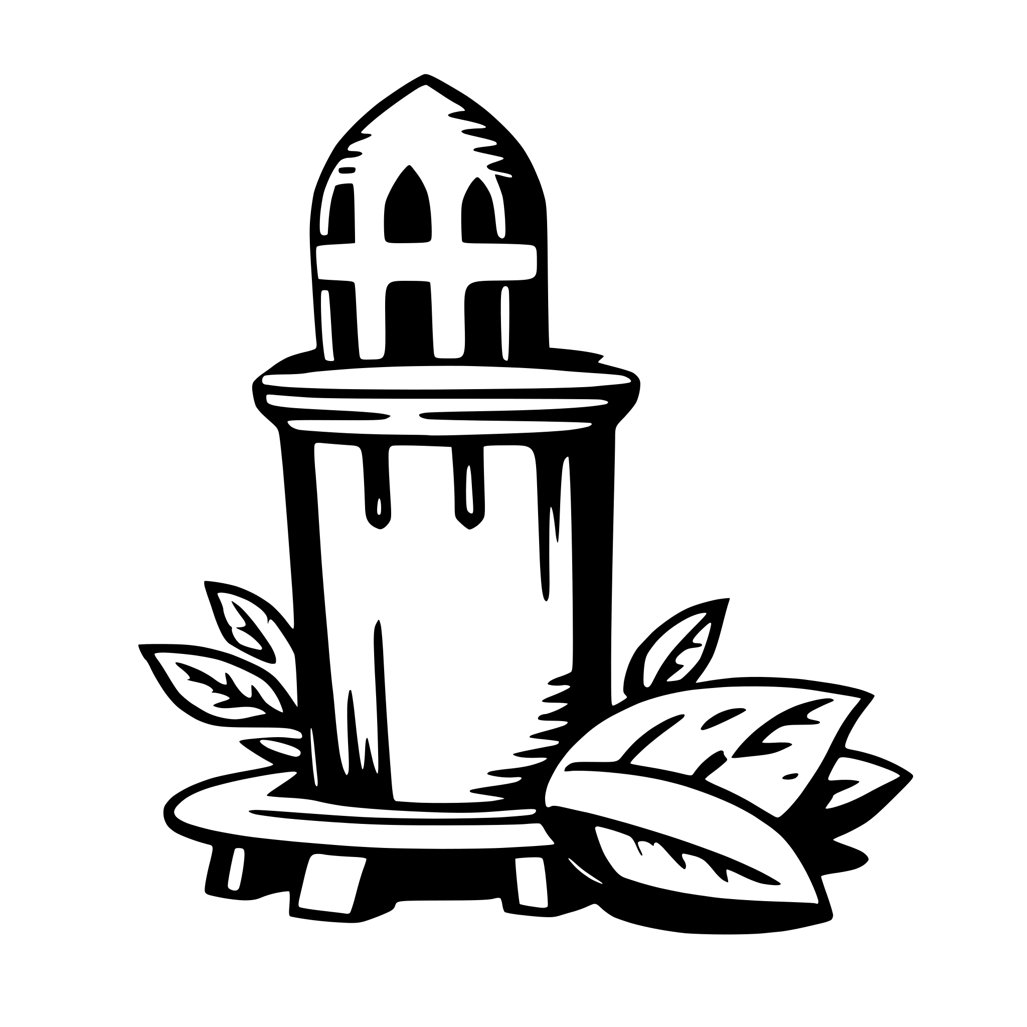 The SVG features a stylized, monochromatic illustration of a tower with a pointed roof, situated on a base with a circular design. The tower has a series of vertical lines that suggest a structure with multiple levels or compartments. Below the tower, there is a leafy plant with a prominent leaf that appears to be in the process of unfurling or opening. The plant is depicted with a few smaller leaves and a stem. The overall style is simple and graphic, with clean lines and a limited color palette. The tower and plant are the main objects in the SVG, and they are positioned in such a way that the plant is directly below the tower, creating a sense of balance and harmony in the composition. 