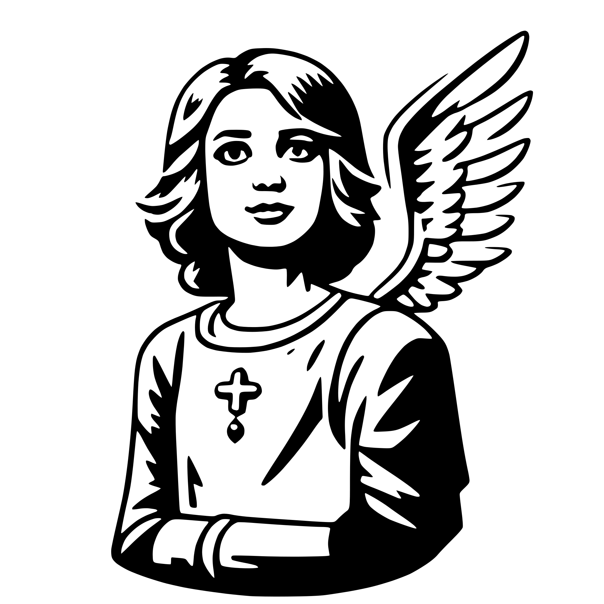 The SVG depicts a stylized illustration of a person with a pair of wings attached to their back. The person has short hair and is wearing a long-sleeved shirt with a cross emblem on the chest. The wings are spread out behind the person, suggesting a sense of flight or angelic nature. The illustration is simple and uses solid lines and shapes to convey the subject. 