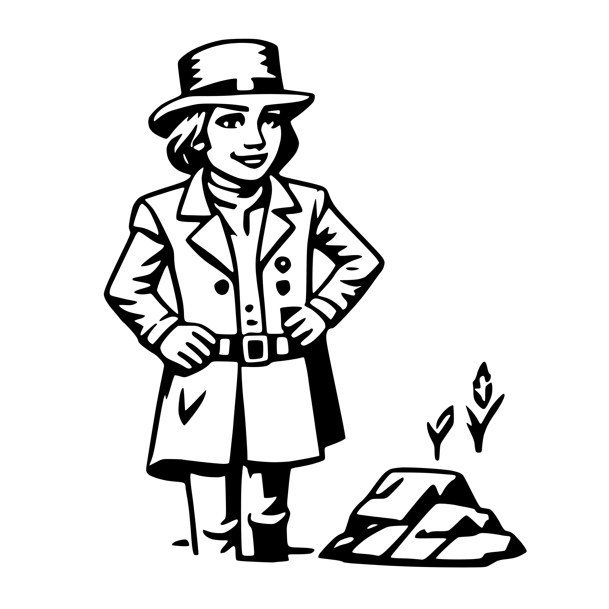 The SVG depicts a stylized, cartoon-like illustration of a person standing on a rock. The person is wearing a hat and a coat, and is standing with their hands on their hips. The rock has a small plant growing out of it. The person appears to be looking towards the viewer with a slight smile. The overall style is simple and graphic, with solid lines and minimal shading. 