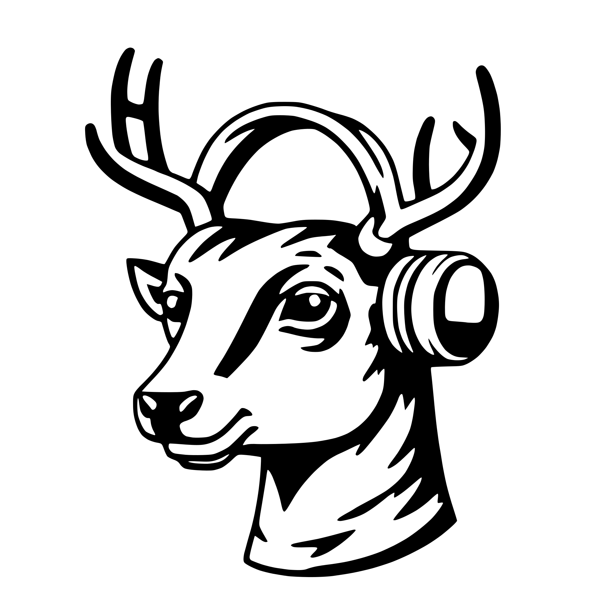 The SVG depicts a stylized graphic of a deer's head wearing a pair of headphones. The deer's head is facing forward, and the headphones are positioned over its ears, with the ear cups covering the ears. The deer's eyes are visible, and it has a simple, cartoon-like representation of facial features. The antlers are depicted in a simplified manner, with curved lines suggesting the branch-like structure of antlers. The SVG is a vector graphic, which means it can be scaled up or down without losing quality. 