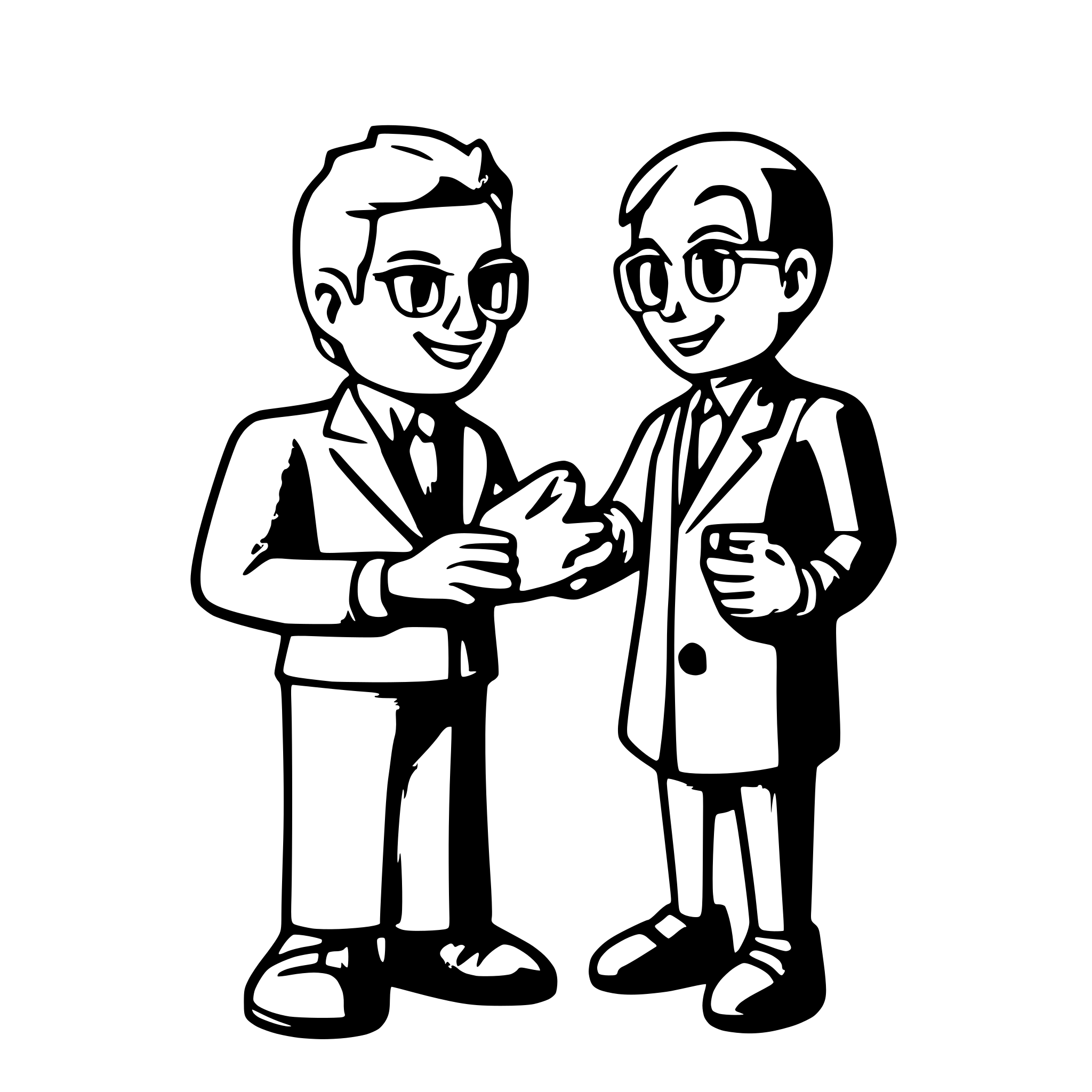 AI-generated SVG of 'two men discussing 3d cartoon in orange dress'