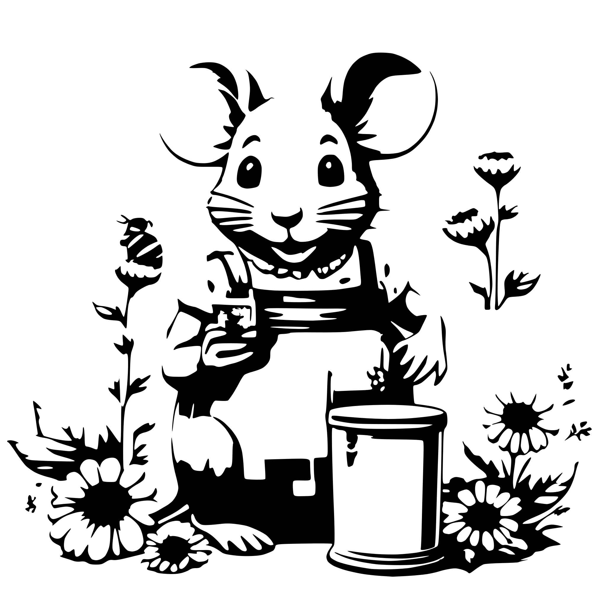 AI-generated SVG of a Create a whimsical and soft-colored SVG illustration featuring a cute anthropomorphic mouse in overalls, sitting beside a large jar of honey with a gingham-patterned lid tied with a ribbon. The mouse wears a light scarf tied around its neck. Surround the scene with delicate flowers and bees buzzing around. Use soft pastel tones and a vintage, storybook-inspired aesthetic with fine details and a hand-drawn feel.