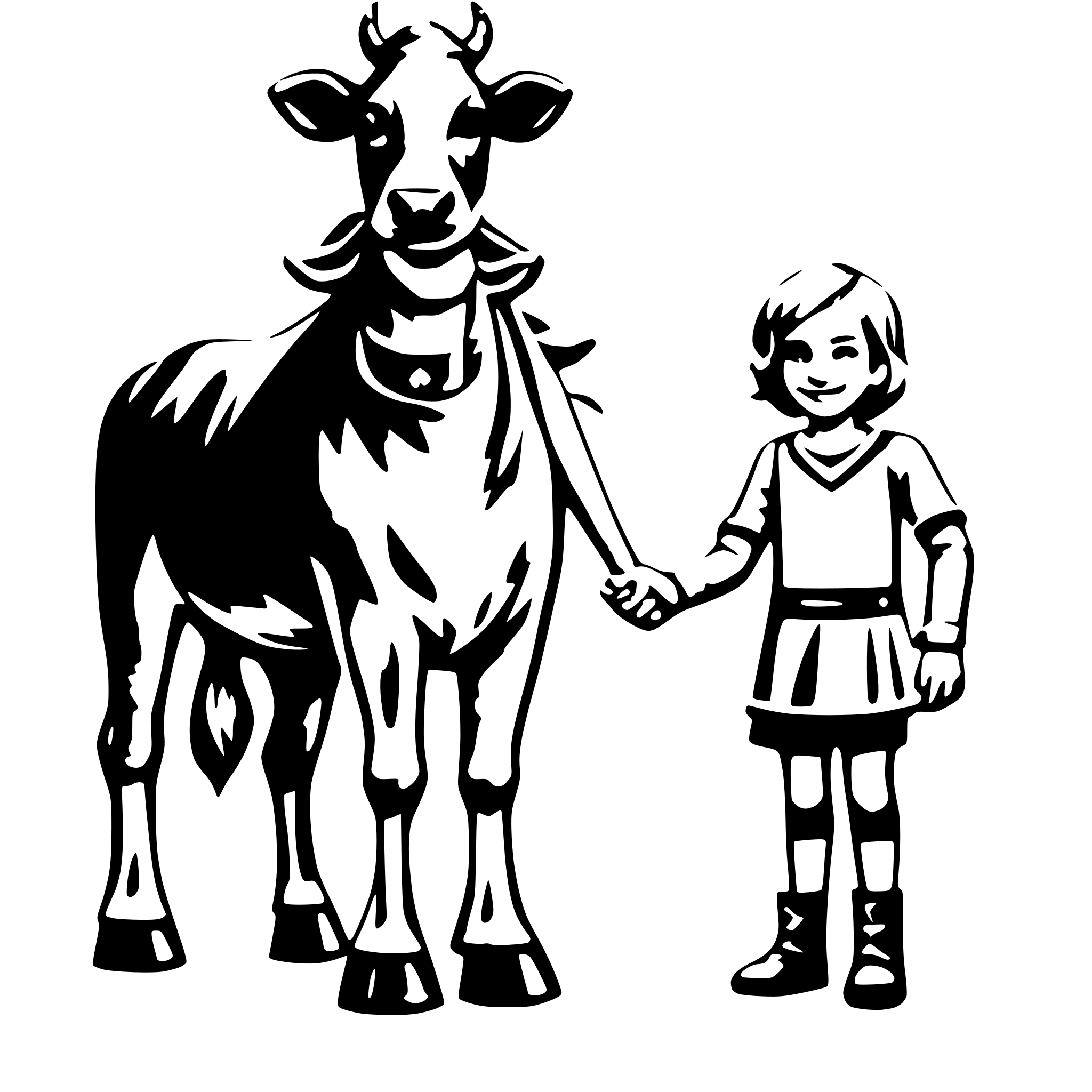 AI-generated SVG of a Farmder standing next to a cow holding a childs hand
