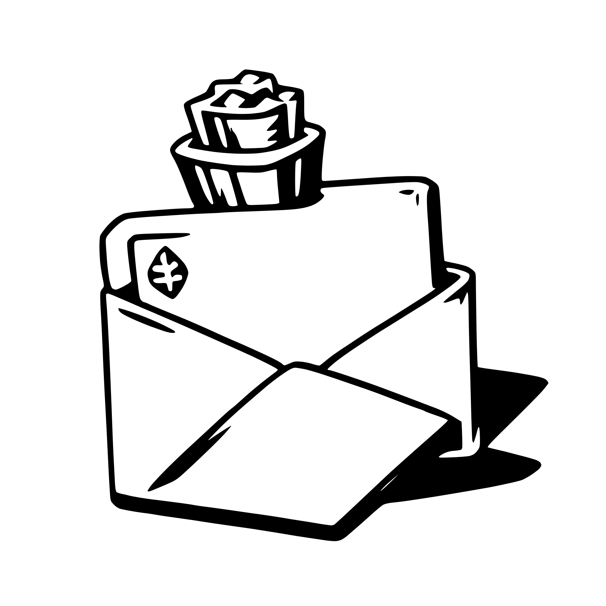 The SVG depicts a stylized illustration of an envelope with a flap open, revealing a small, three-dimensional object that resembles a piece of cake or a pastry, placed inside the envelope. The envelope is drawn with simple lines, and the interior object is depicted with a few curved lines to suggest its shape. The SVG is monochromatic, with the lines and the interior object in a darker shade, providing contrast against the lighter background. The interaction between the objects is that the envelope is open, allowing the viewer to see the interior object. 