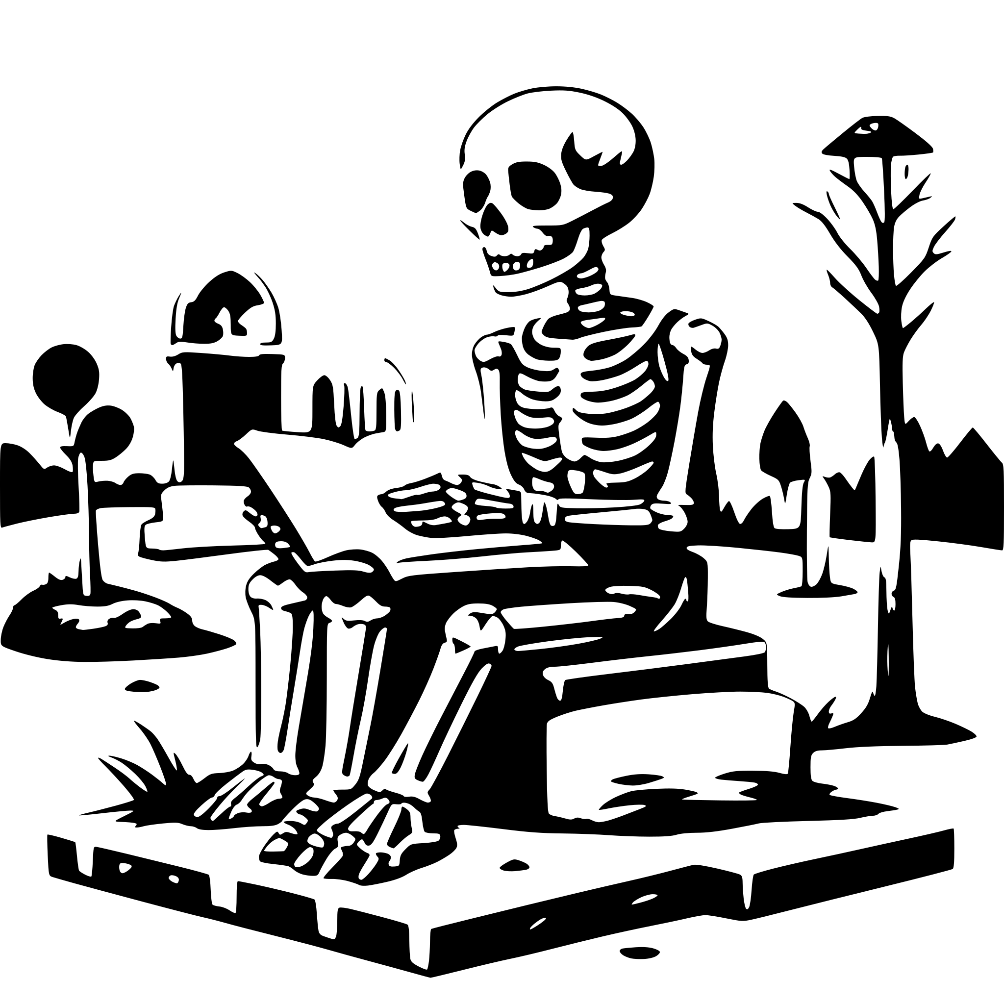 AI-generated SVG of a a skeleton on a cemetery reading a big book