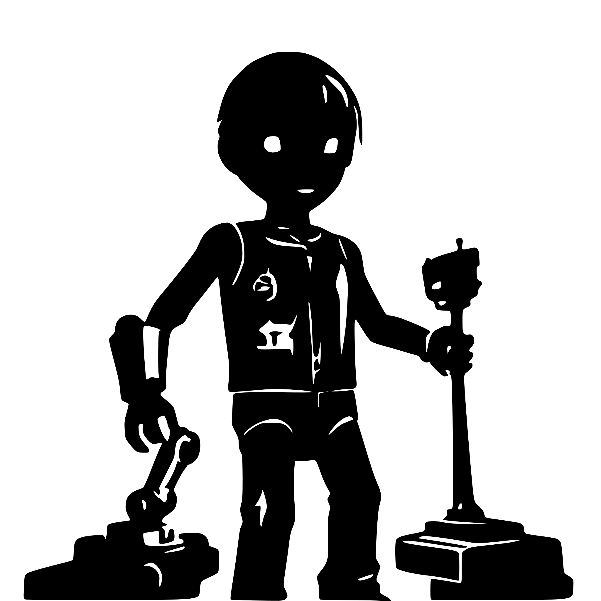AI-generated SVG of a friendly boy playing with a robot. No background.