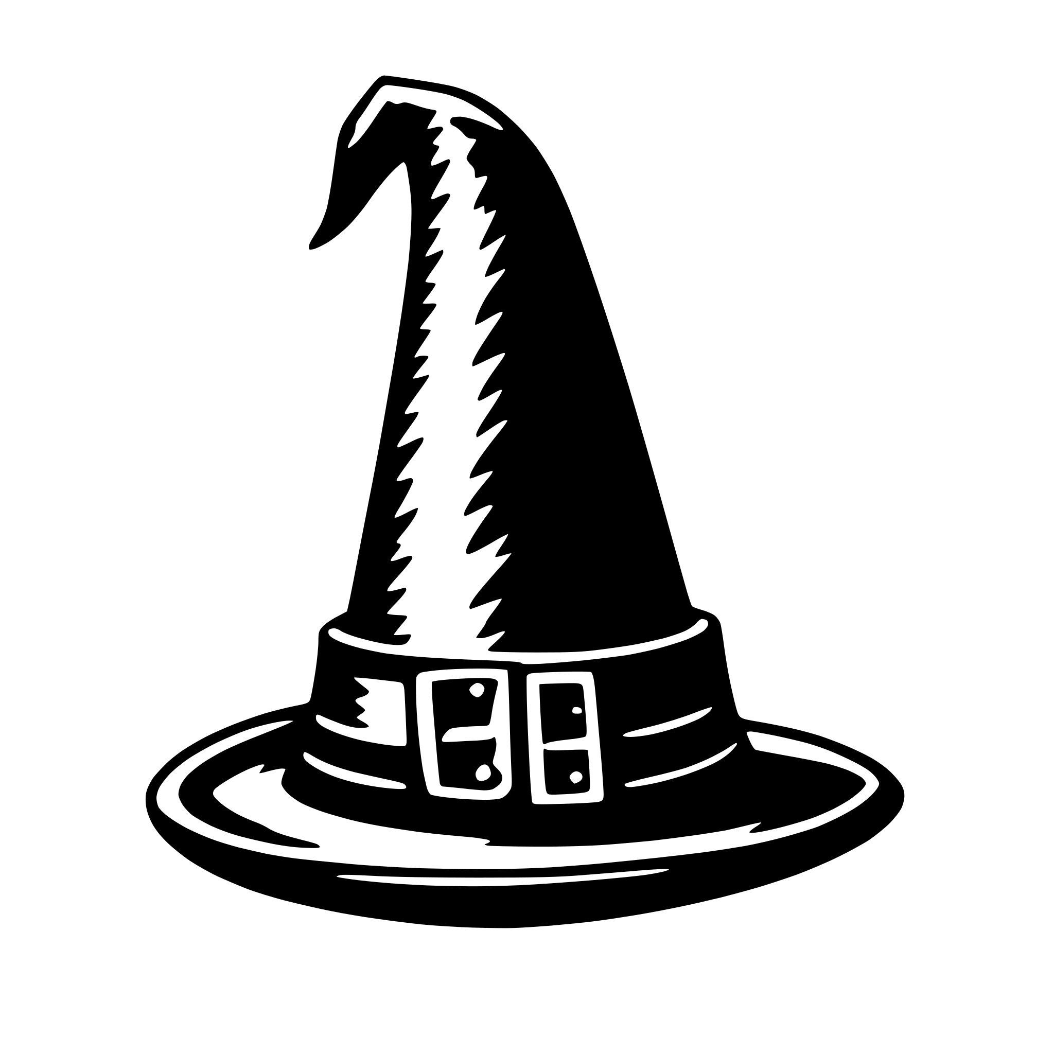The SVG shows a simple line drawing of a witch's hat. The hat is pointed at the top and has a wide brim. It features a buckle on the front, which is a common detail on witch's hats in various illustrations and depictions. The hat is centered on the SVG, and there are no other objects or interactions depicted. 