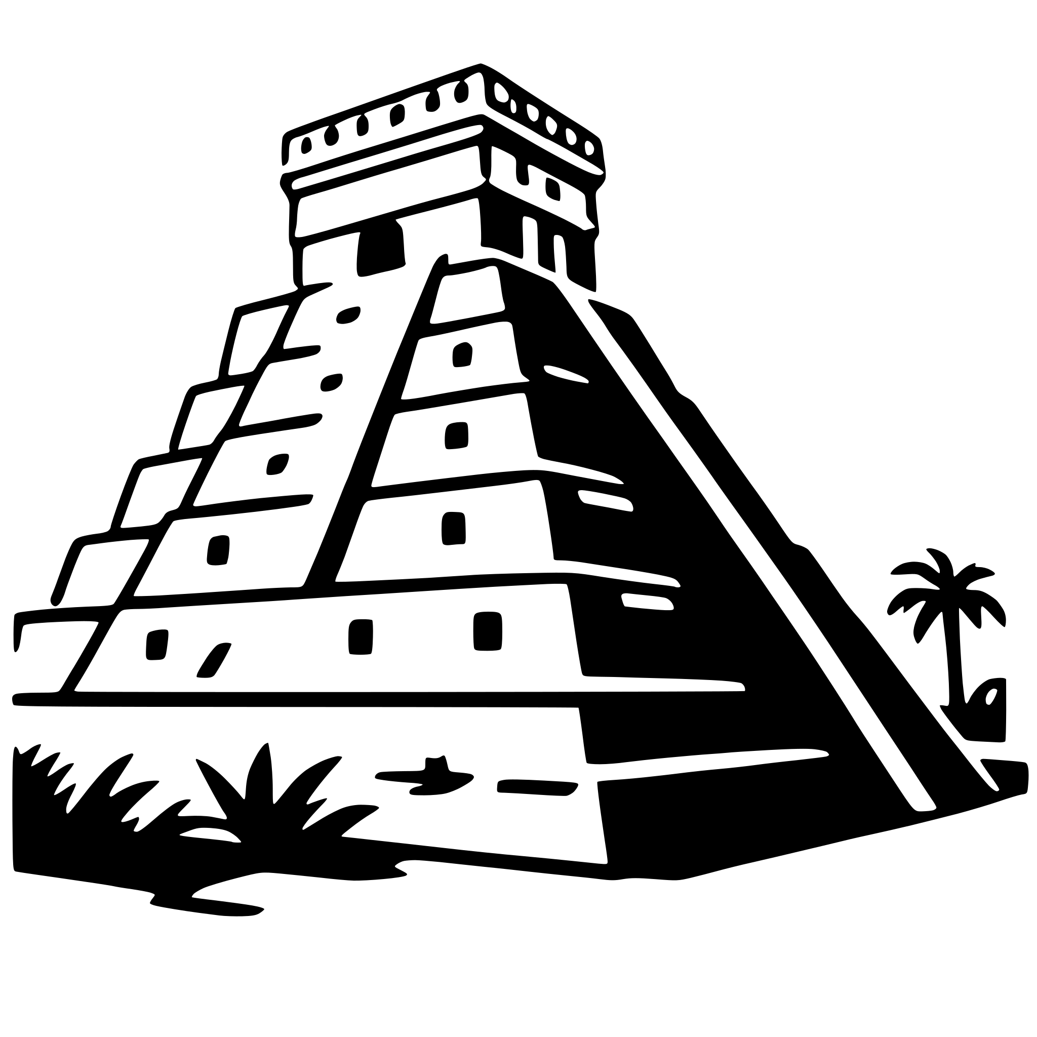 The SVG depicts a stylized representation of the Pyramid of the Sun at the ancient Mesoamerican site of Teotihuacan. The pyramid is shown with a series of stepped levels leading up to a flat top, which is typical of Mesoamerican pyramids. The pyramid is surrounded by a simple outline of a landscape, including a small palm tree and a few other plants, suggesting a desert environment. The SVG is a vector graphic, which means it is composed of lines and shapes that can be scaled without losing quality. The graphic is likely used for educational or illustrative purposes, given its simplified and iconic depiction of the pyramid. 