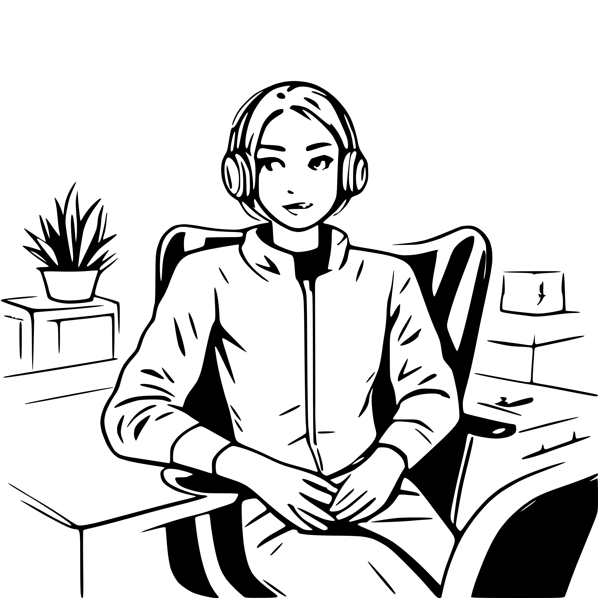 AI-generated SVG of a front camera person is sitting on desk chair with eeg headset on head