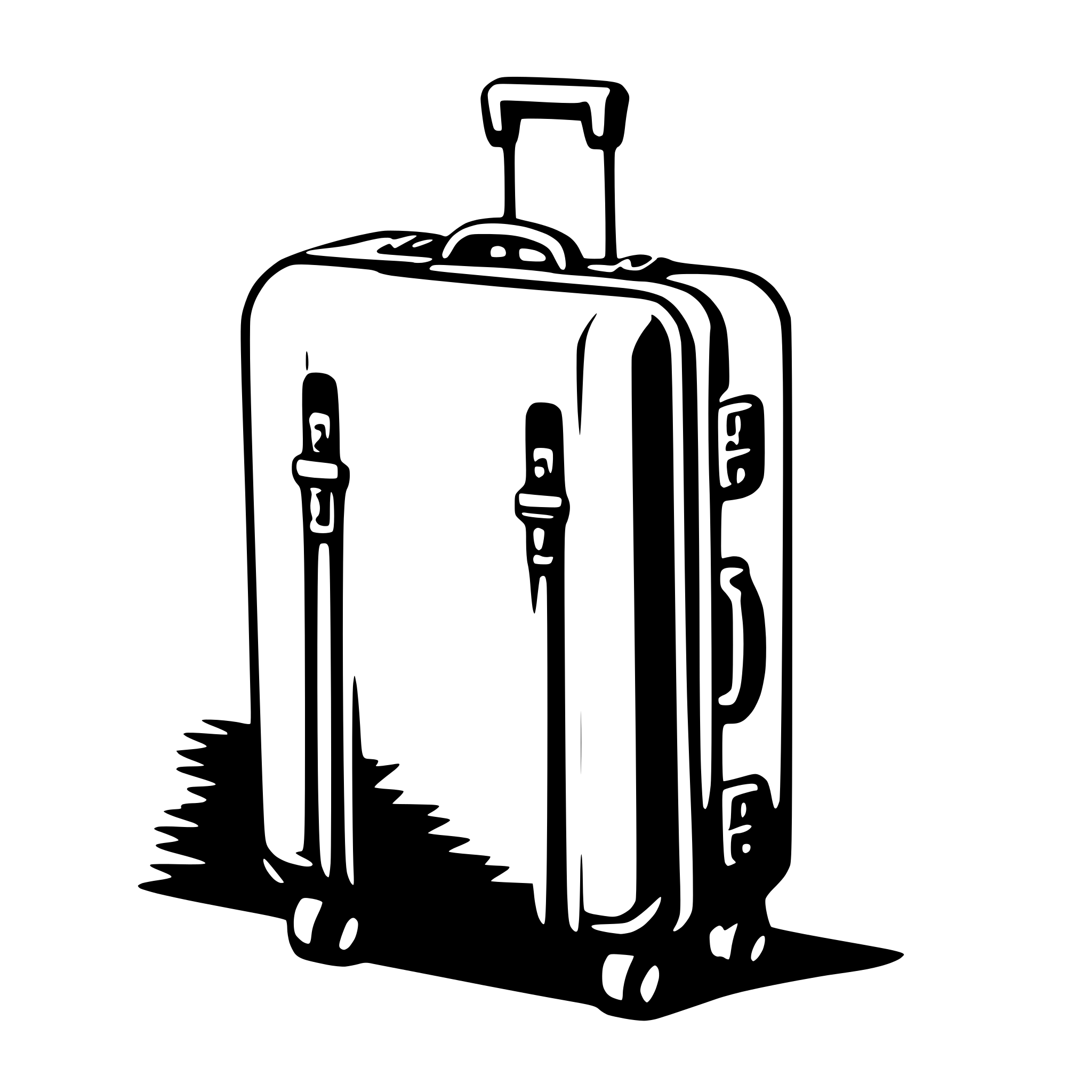 The SVG shows a simple line drawing of a suitcase. The suitcase is depicted with a rectangular body, a handle on top, and two wheels on the bottom. The suitcase is standing upright, and it appears to be casting a shadow on the ground, suggesting a light source from above. The SVG is minimalistic and does not contain any additional objects or interactions. 