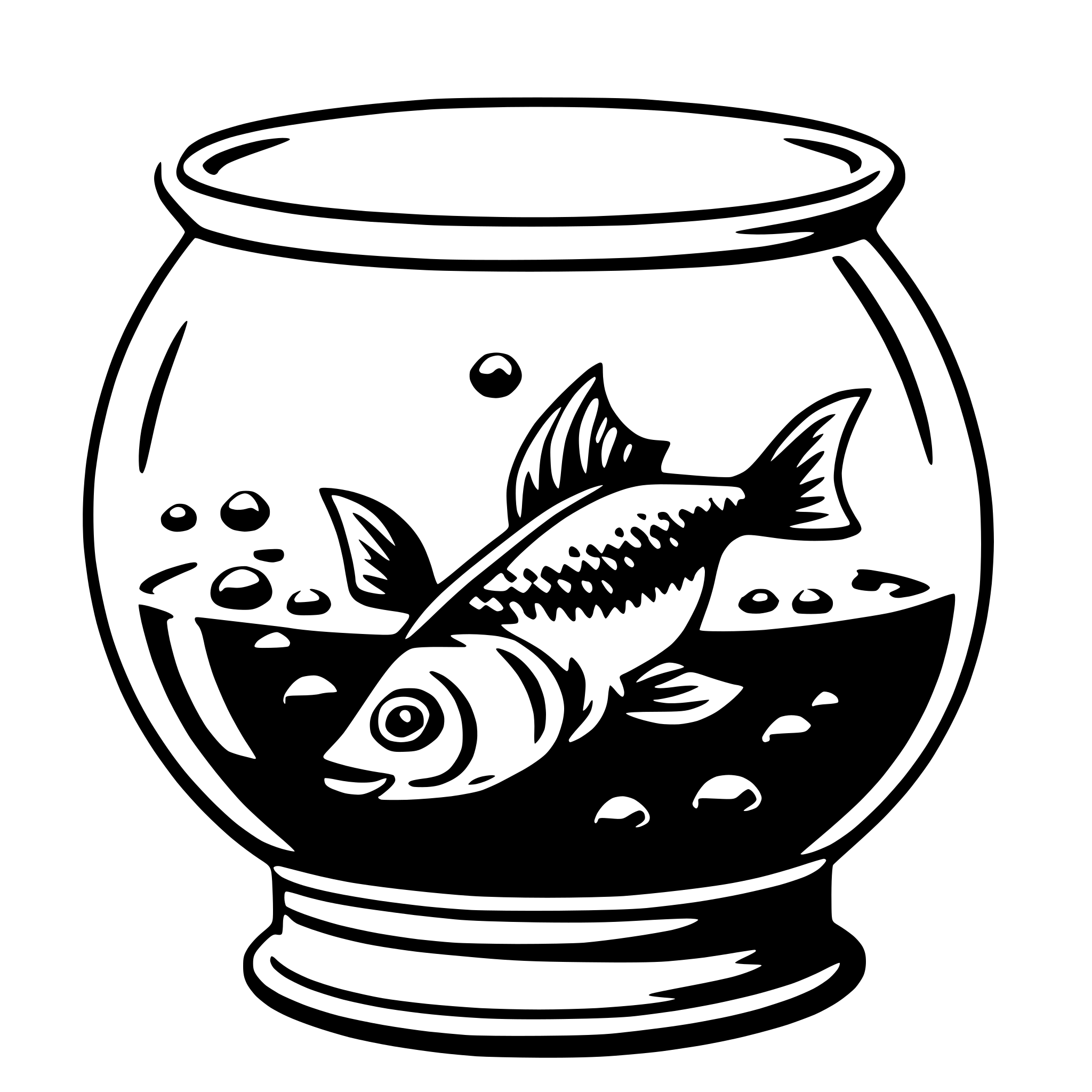 The SVG depicts a stylized illustration of a fishbowl with a fish inside. The fish is swimming towards the viewer, and the bowl is placed on a surface that is not fully visible. The fish has a simple, cartoon-like design with a prominent eye and a fin on its back. The bowl has a rounded shape with a handle on the top, and there are bubbles at the top, suggesting that the water is aerated. The overall style is minimalistic and appears to be a digital vector illustration. 