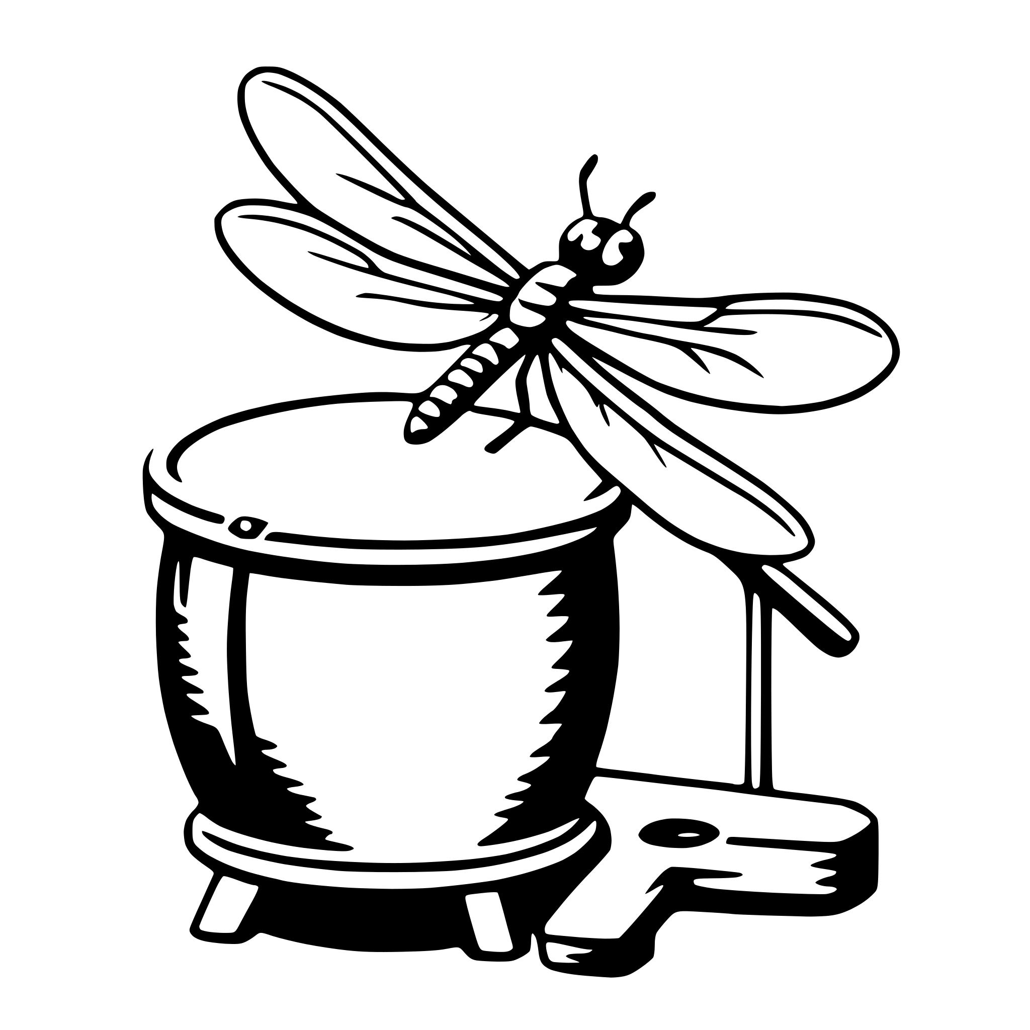 The SVG depicts a stylized illustration of a dragonfly perched on the rim of a small, round container, which appears to be a metal bucket or drum. The dragonfly is facing towards the right side of the SVG, and its wings are spread out, displaying the characteristic pattern of veins. The container has a lid, and there is a small handle or lever on the side, suggesting that it might be used for pouring or opening. The dragonfly's position on the container implies a sense of rest or observation. The SVG is simple and uses solid lines and flat colors, typical of vector graphics. 