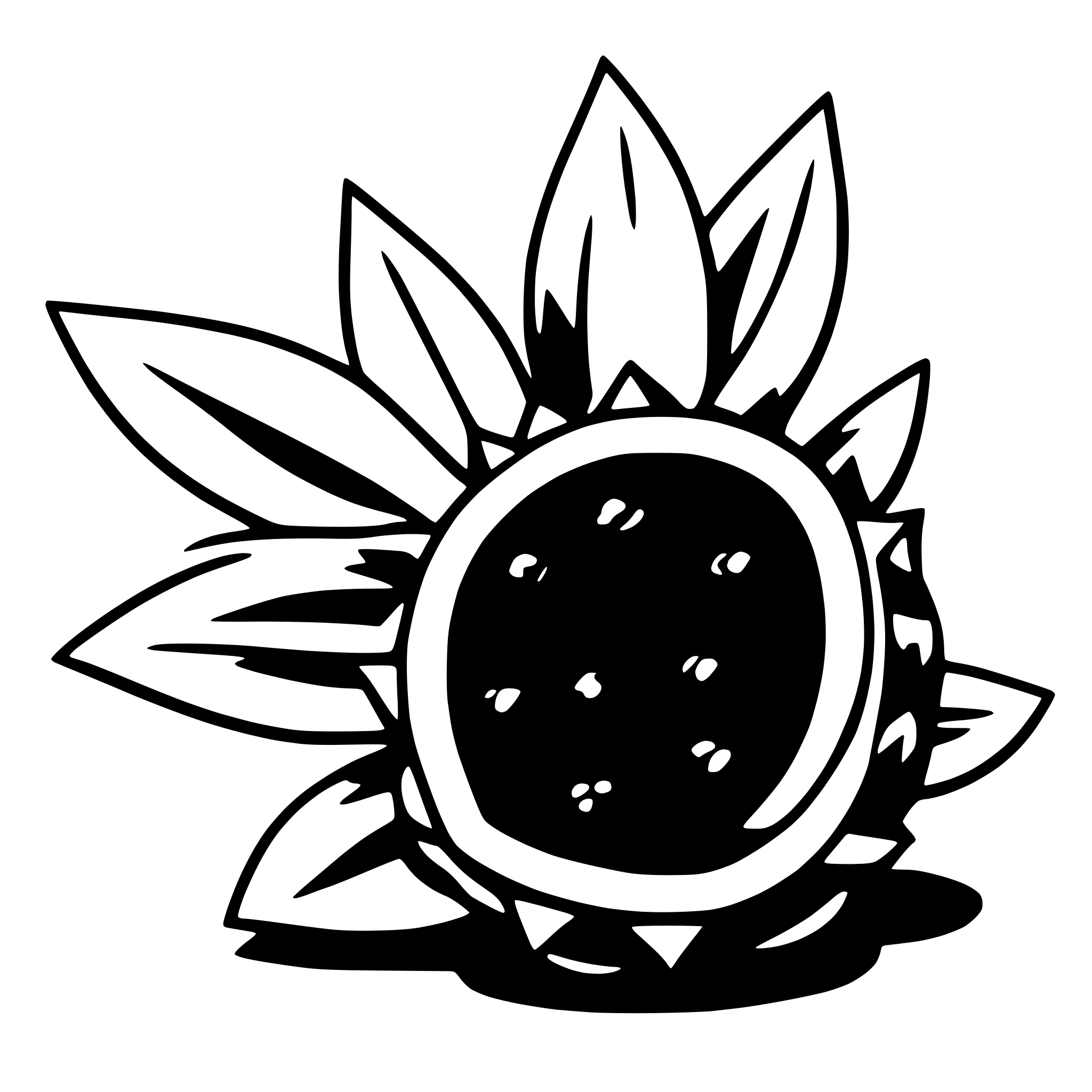 The SVG depicts a stylized sunflower with a prominent, dark center surrounded by a lighter, circular pattern that could represent seeds. The sunflower has a series of pointed petals radiating outward from the center, and the entire SVG is outlined in black against a white background. The sunflower is centered and appears to be the main object in the SVG. There is no interaction between objects as the SVG is a single, self-contained graphic. 