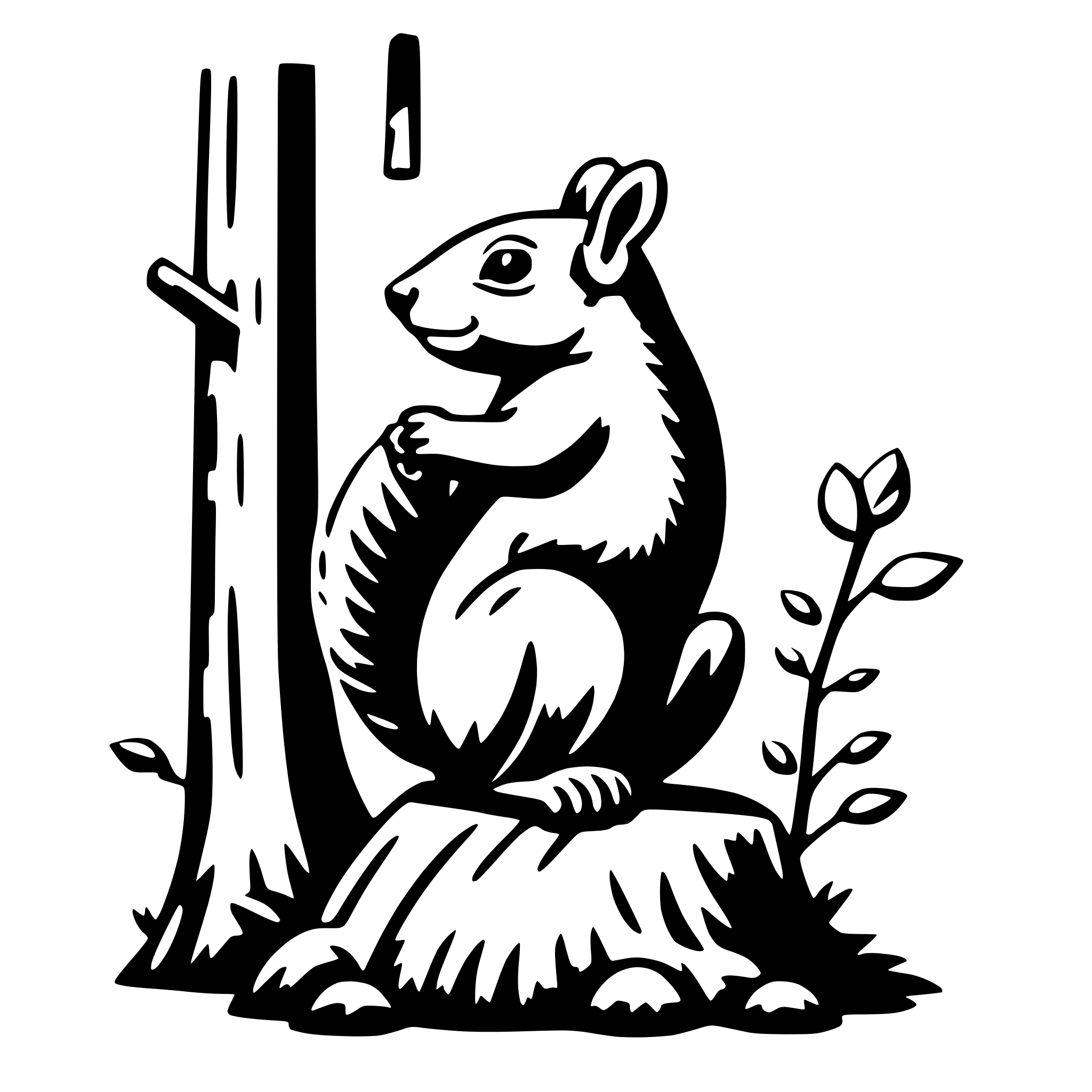 The SVG depicts a stylized, cartoon-like illustration of a squirrel. The squirrel is sitting upright on a small mound of soil, with its front paws resting on its knees and its tail curled around its body. It appears to be looking to the right with a slight smile. The squirrel is surrounded by a simple, linear depiction of a tree trunk to its left and a small plant with leaves to its right. The style is minimalistic, with solid black lines and no shading or color, giving it a clean and modern look. 