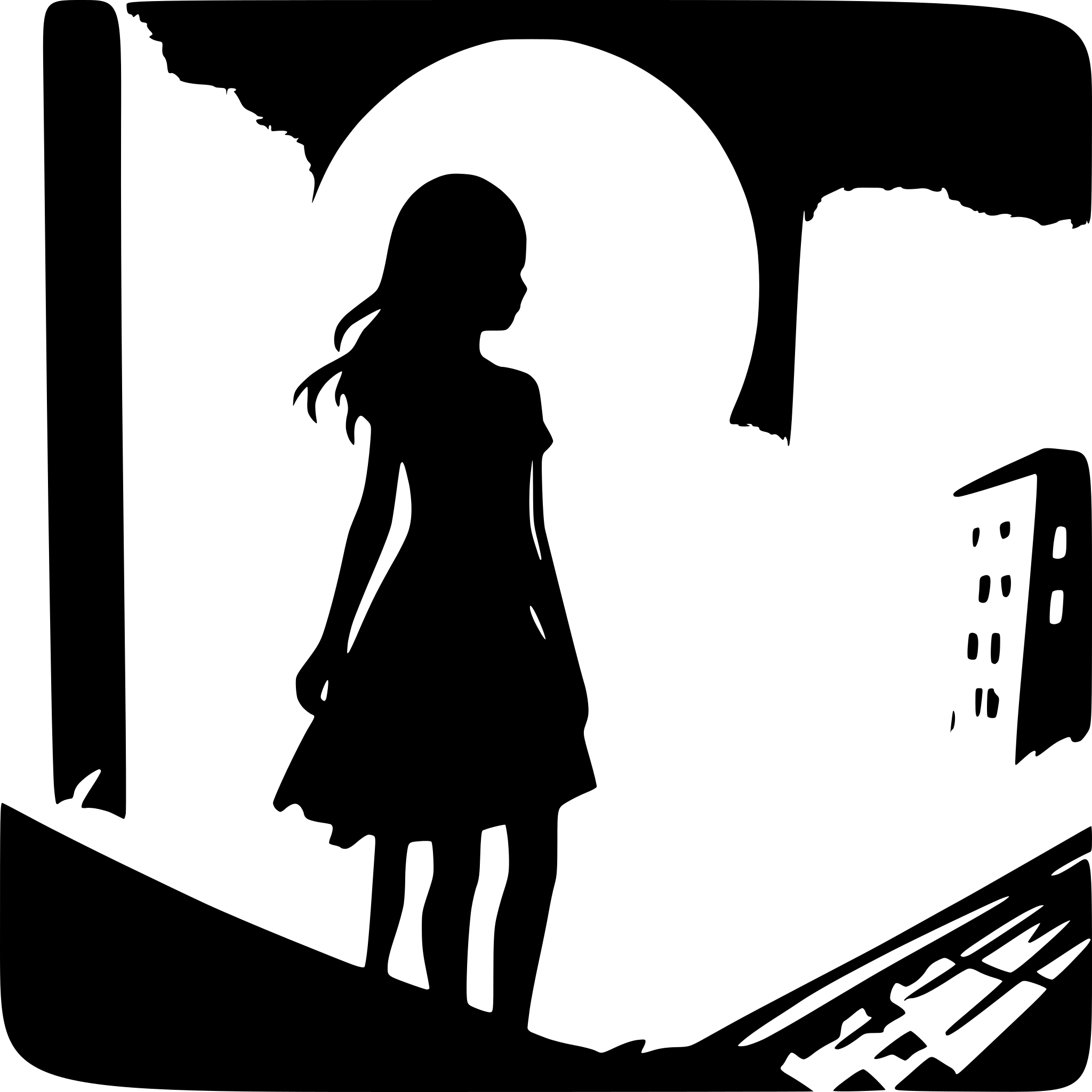 AI-generated SVG of a creepy girl standing at the edge of the rooftops of a dark and ruined city looking at the streets below