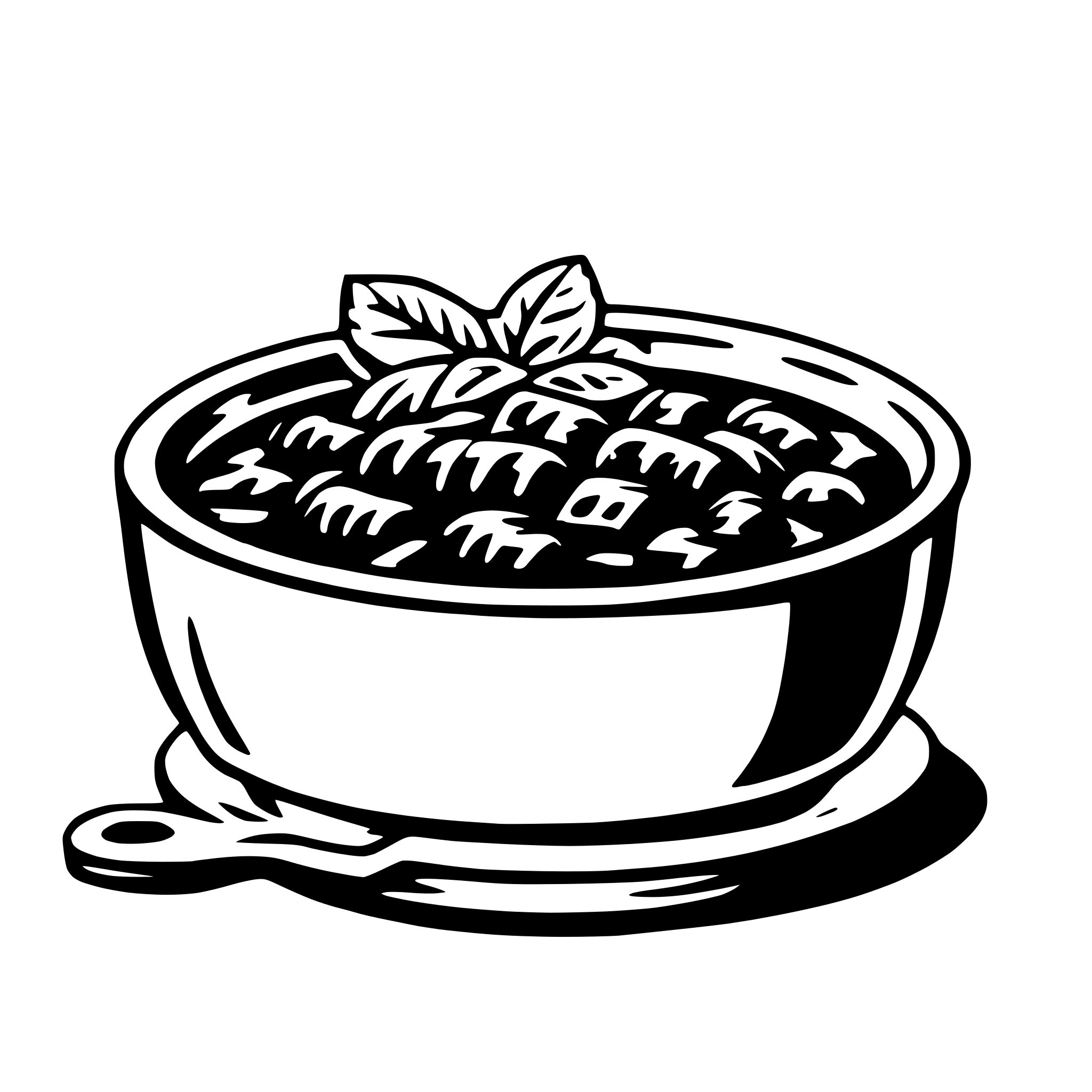 The SVG depicts a bowl of soup with a spoon. The soup is garnished with a leaf, and there are small, stylized representations of what appear to be vegetables or herbs floating on top. The bowl is placed on a saucer, and the spoon is resting on the side of the bowl. The SVG is simple and cartoon-like, with clean lines and a limited color palette. 