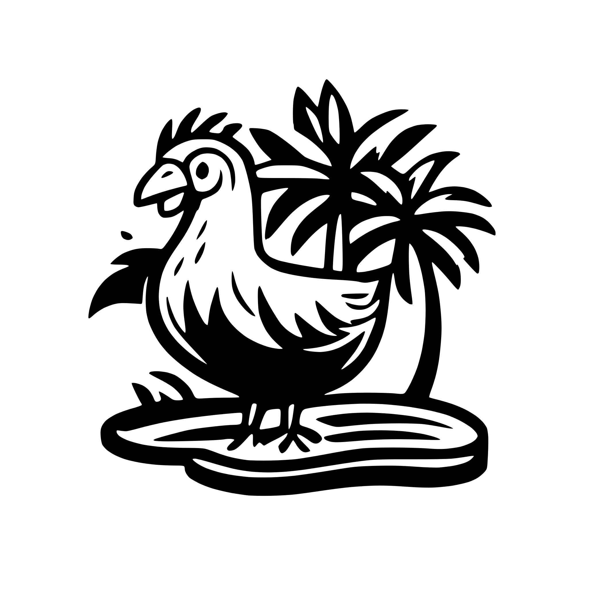AI-generated SVG of a a hawaiian theme logo, a simple two color black and white logo, with a chicken  on an island waves and a palm tree, in a square formation