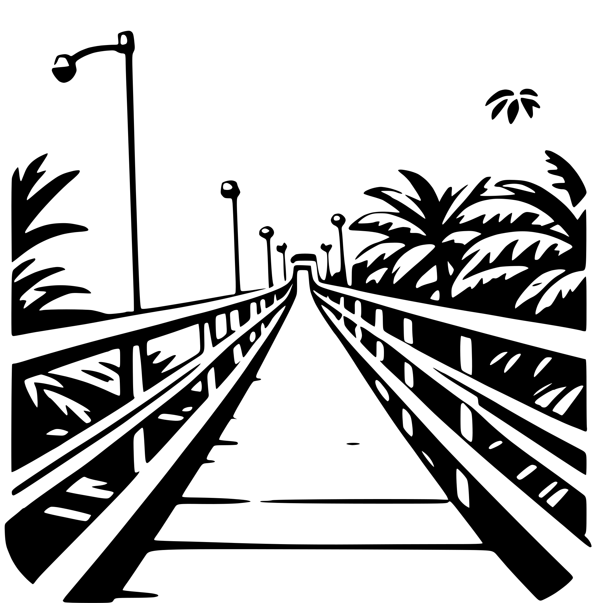 The SVG depicts a long, straight bridge with a railing on both sides. The bridge is set against a backdrop of a tropical landscape, featuring palm trees and a clear sky. The bridge appears to be a pedestrian or cycling bridge, given its design and the absence of any visible vehicular traffic. The perspective of the SVG is from the side, looking down the length of the bridge, which creates a sense of depth and distance. The bridge is the central object in the SVG, with the surrounding landscape providing context and setting the scene. The SVG is a vector graphic, which means it is composed of lines and shapes that can be scaled up or down without losing quality. 