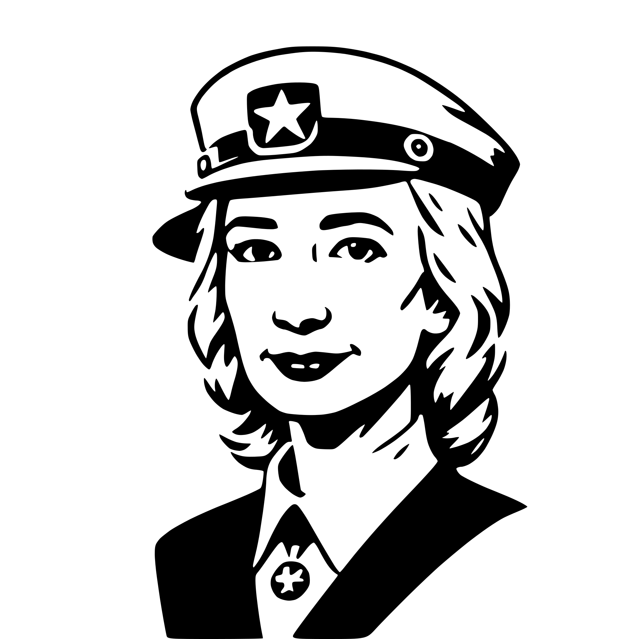 The SVG is a black and white vector illustration of a person. The individual is depicted wearing a cap with a star emblem on the front, suggesting a military or uniformed service theme. The person has long hair and is wearing a collared shirt with a badge or emblem on the left side of the chest. The style of the illustration is simplistic and cartoon-like, with clean lines and minimal shading. The SVG does not contain any text or additional elements. 