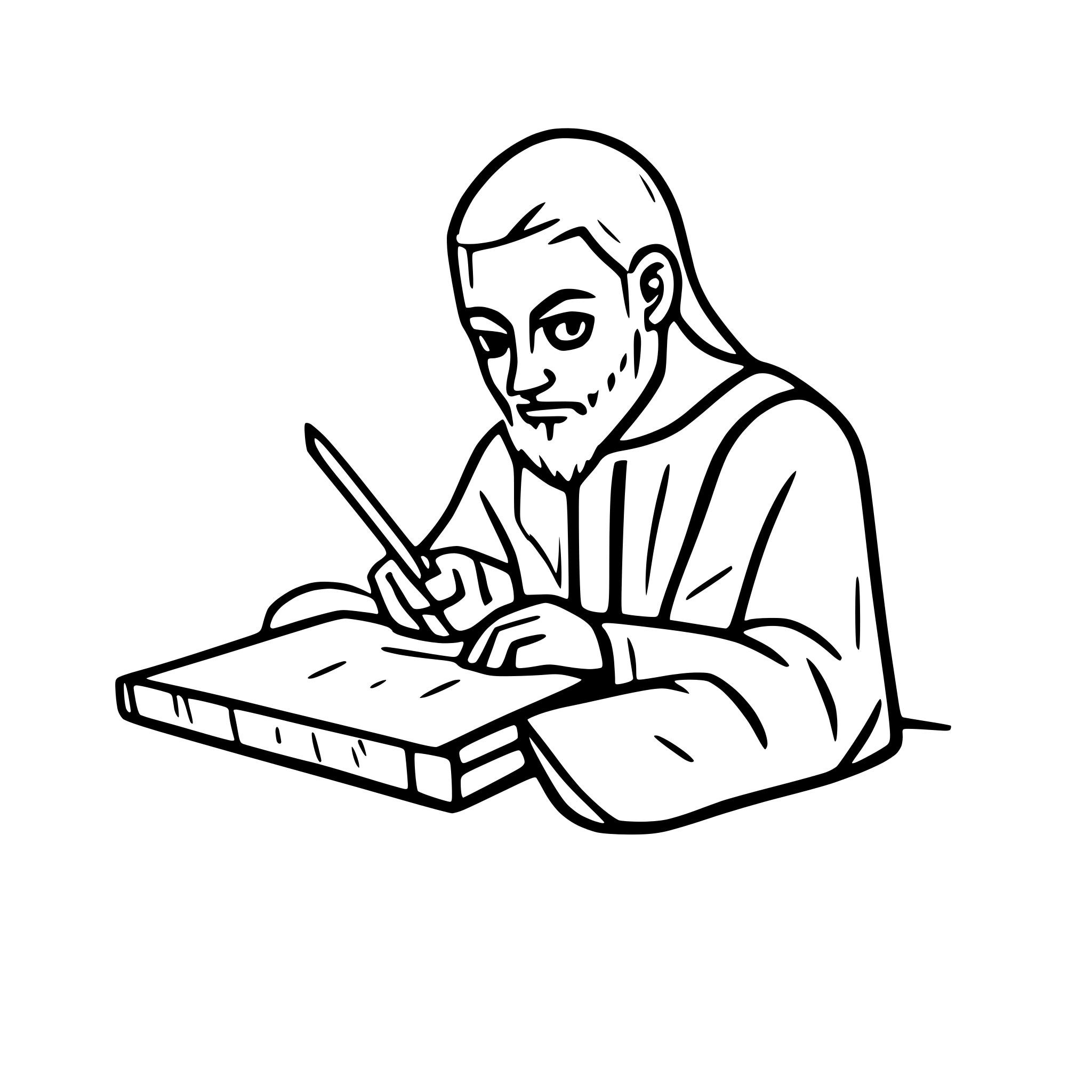 AI-generated SVG of a ancient man writing in a papyrus paper