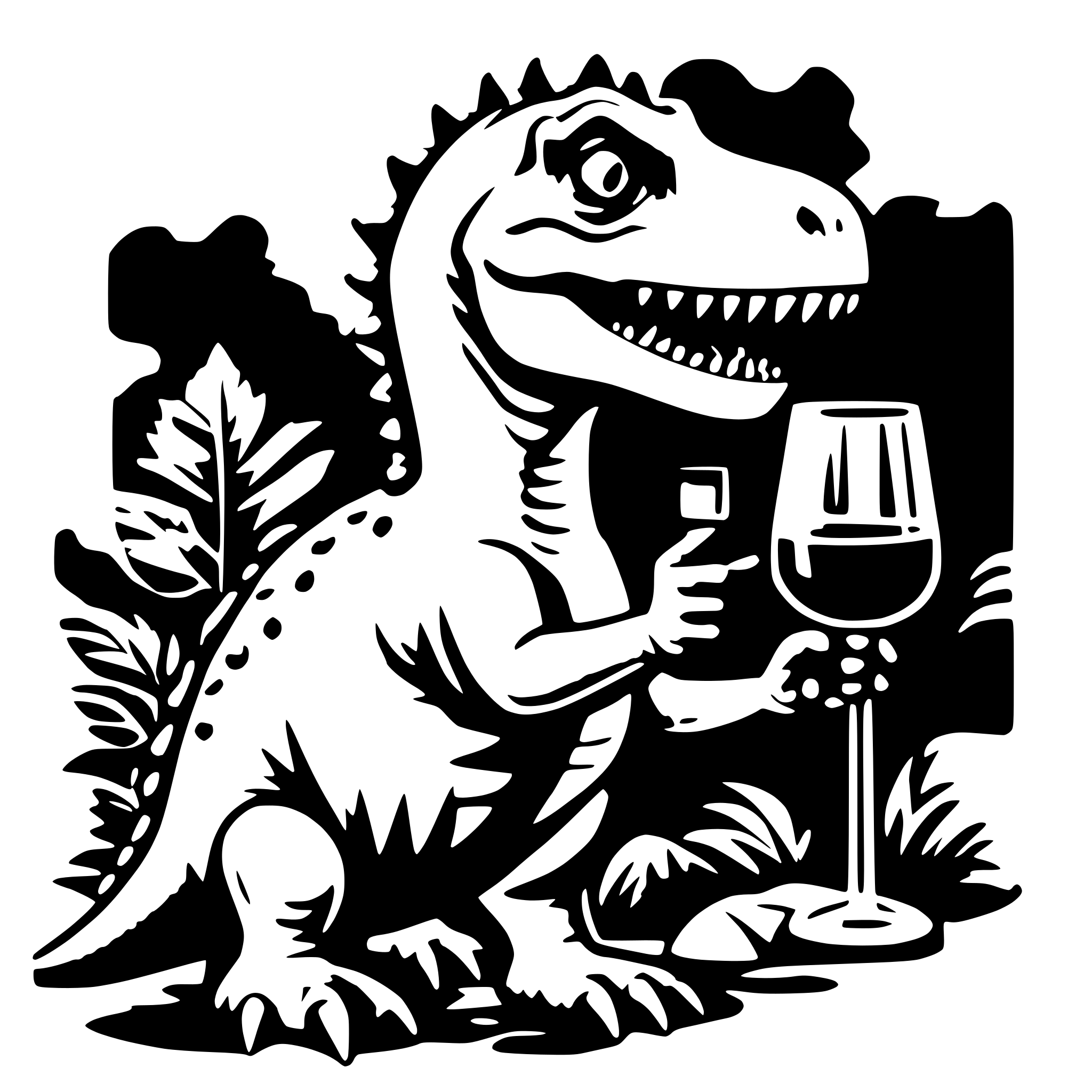 AI-generated SVG of a dinosaur with a glss of wine in the hand