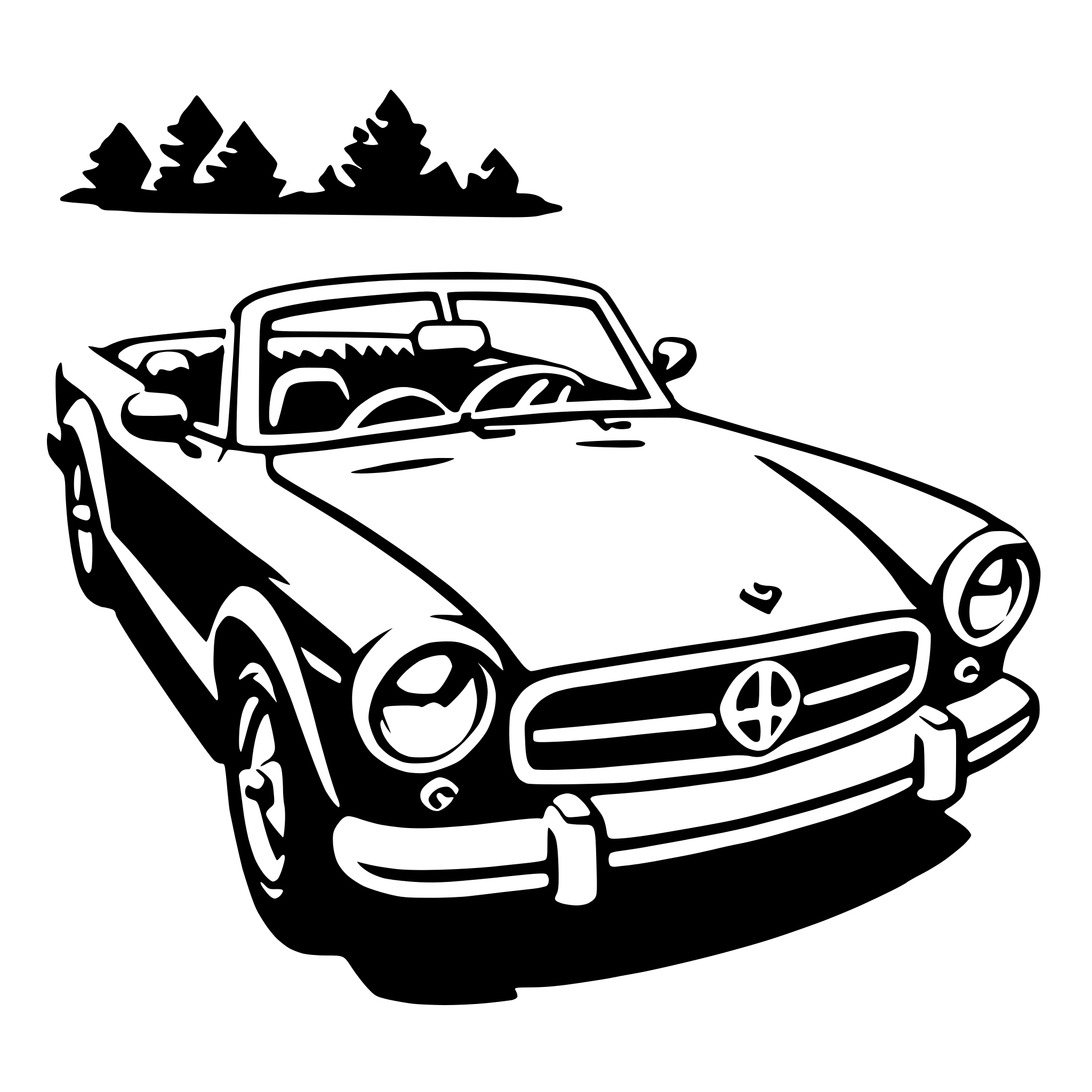 The SVG depicts a classic convertible car. The car is shown from a three-quarter front view, with the hood slightly angled to the left. It features a prominent front grille with a circular emblem, which is a common design element for certain luxury car brands. The car has a convertible top that is down, revealing the interior. The vehicle's design includes round headlights, a long hood, and a short rear deck. The wheels are visible, and the car is positioned on a road with a dashed line indicating a lane boundary. The background is minimal, with a simple representation of trees and a road, which suggests a rural or suburban setting. The SVG is stylized with clean lines and lacks any text or additional details. 