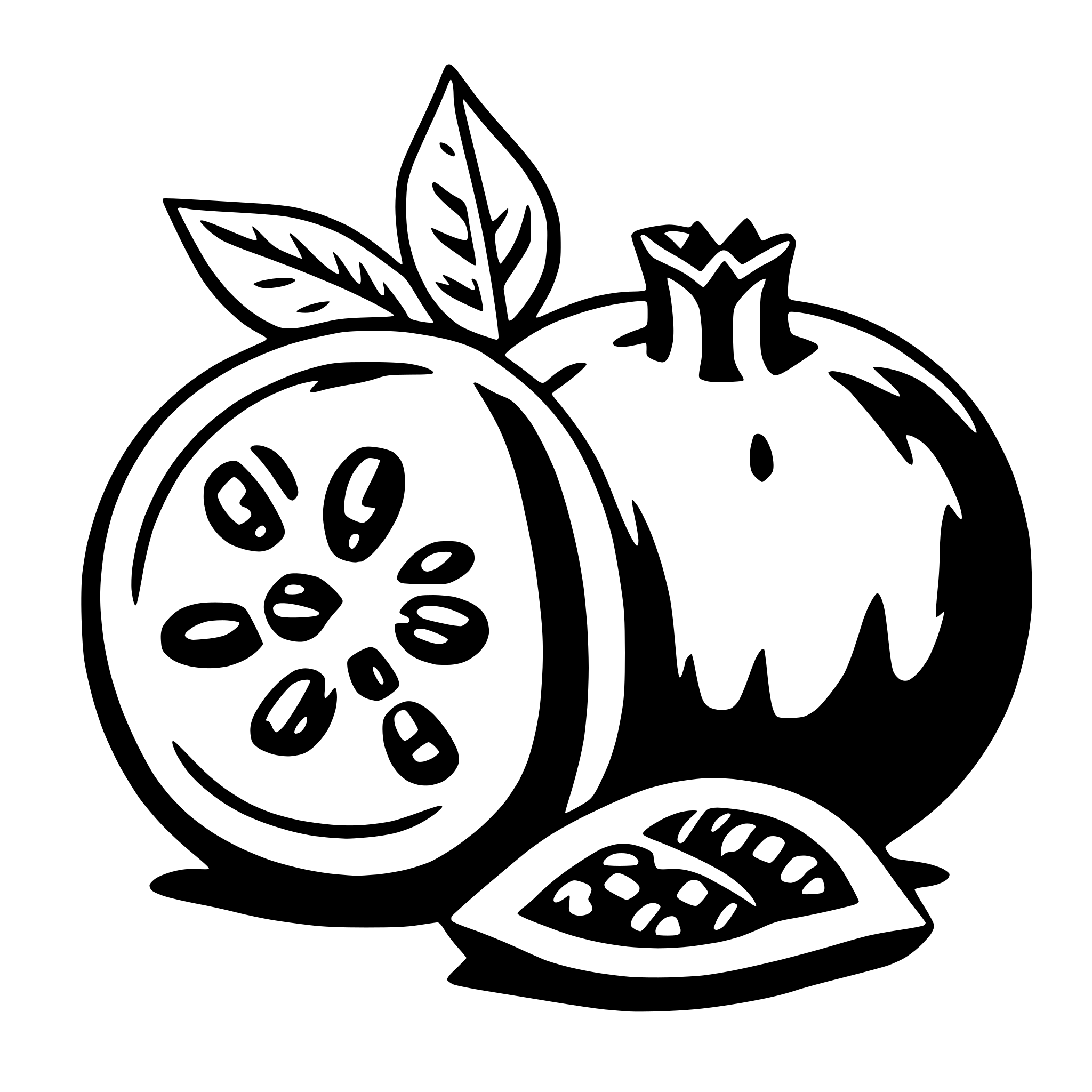The SVG depicts a stylized illustration of a pomegranate with a cut section revealing the seeds inside. The pomegranate is shown with a realistic appearance, featuring a textured skin, a green stem, and a darker green leaf. The seeds are arranged in a circular pattern around the center of the fruit. The cut section is open, revealing the seeds in a pattern that is characteristic of pomegranates. The illustration is simple and uses solid colors without any gradients or shading, giving it a flat design aesthetic. 