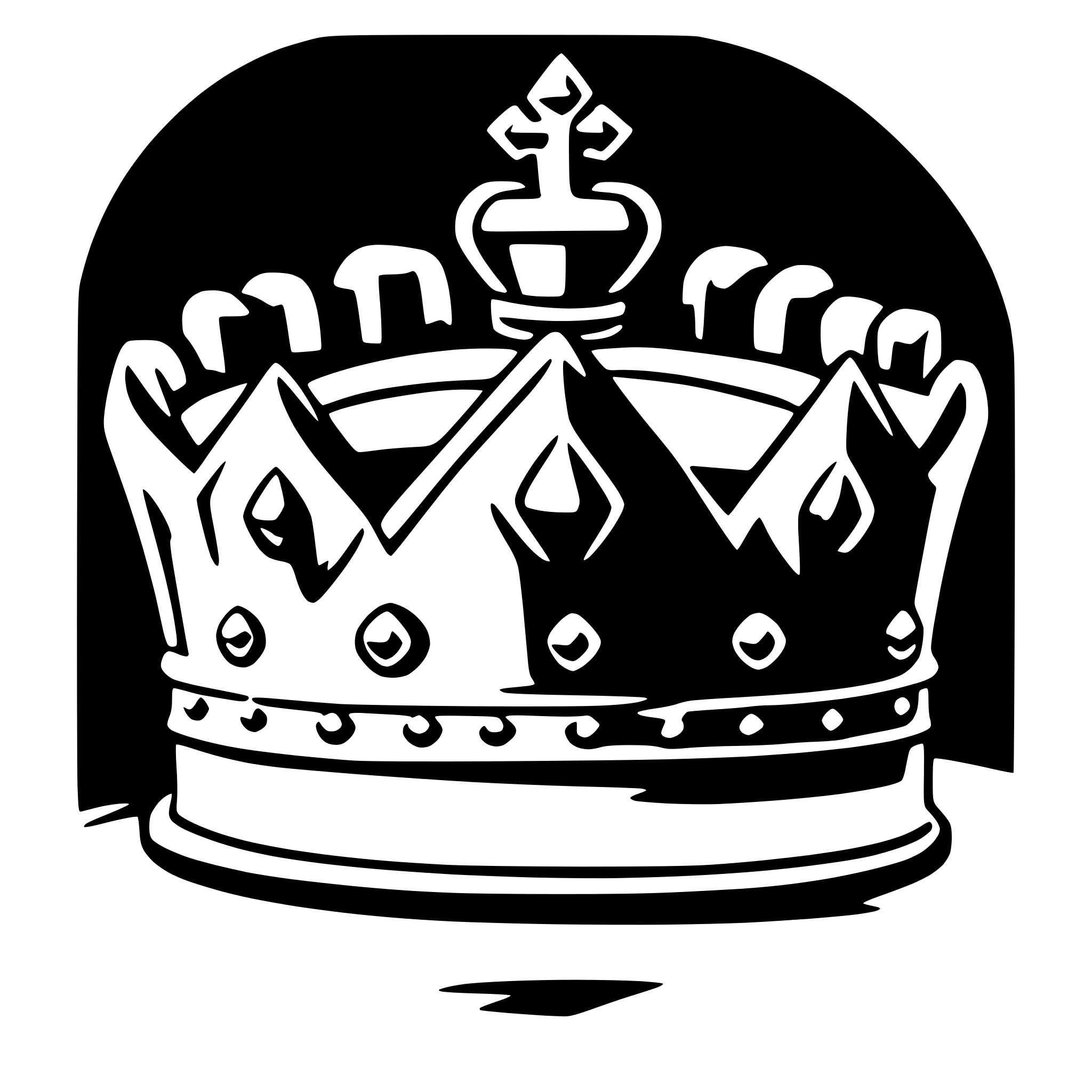 The SVG depicts a stylized crown with a central spire and multiple points on the top, suggesting a regal or royal theme. The crown is outlined in black against a white background, with a slight shadow effect beneath it, giving it a three-dimensional appearance. The crown is the central object in the SVG, and there are no other objects or interactions depicted. 