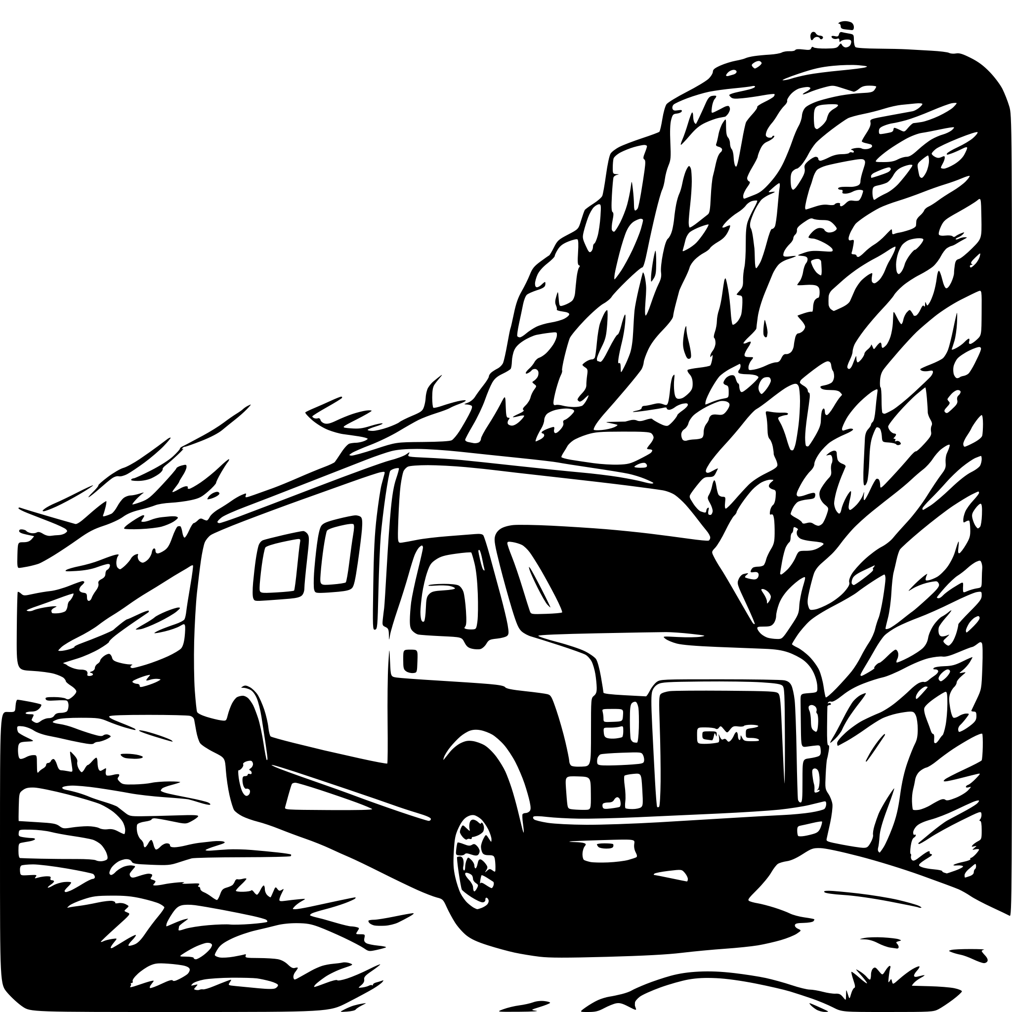AI-generated SVG of a GMC savana on cliff peak with a beautiful valley below low angle view
