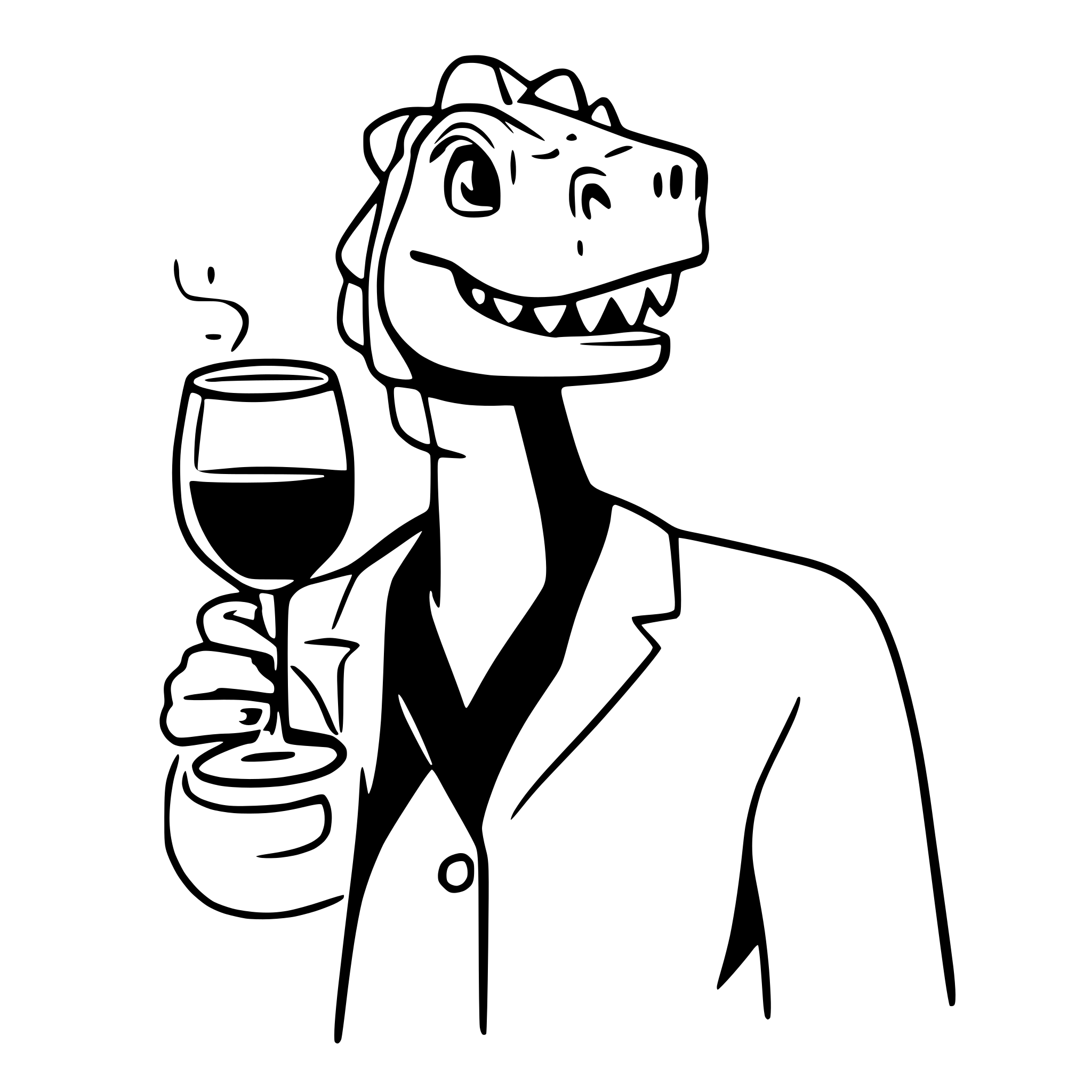 AI-generated SVG of a dinosaur with a glss of wine in the hand