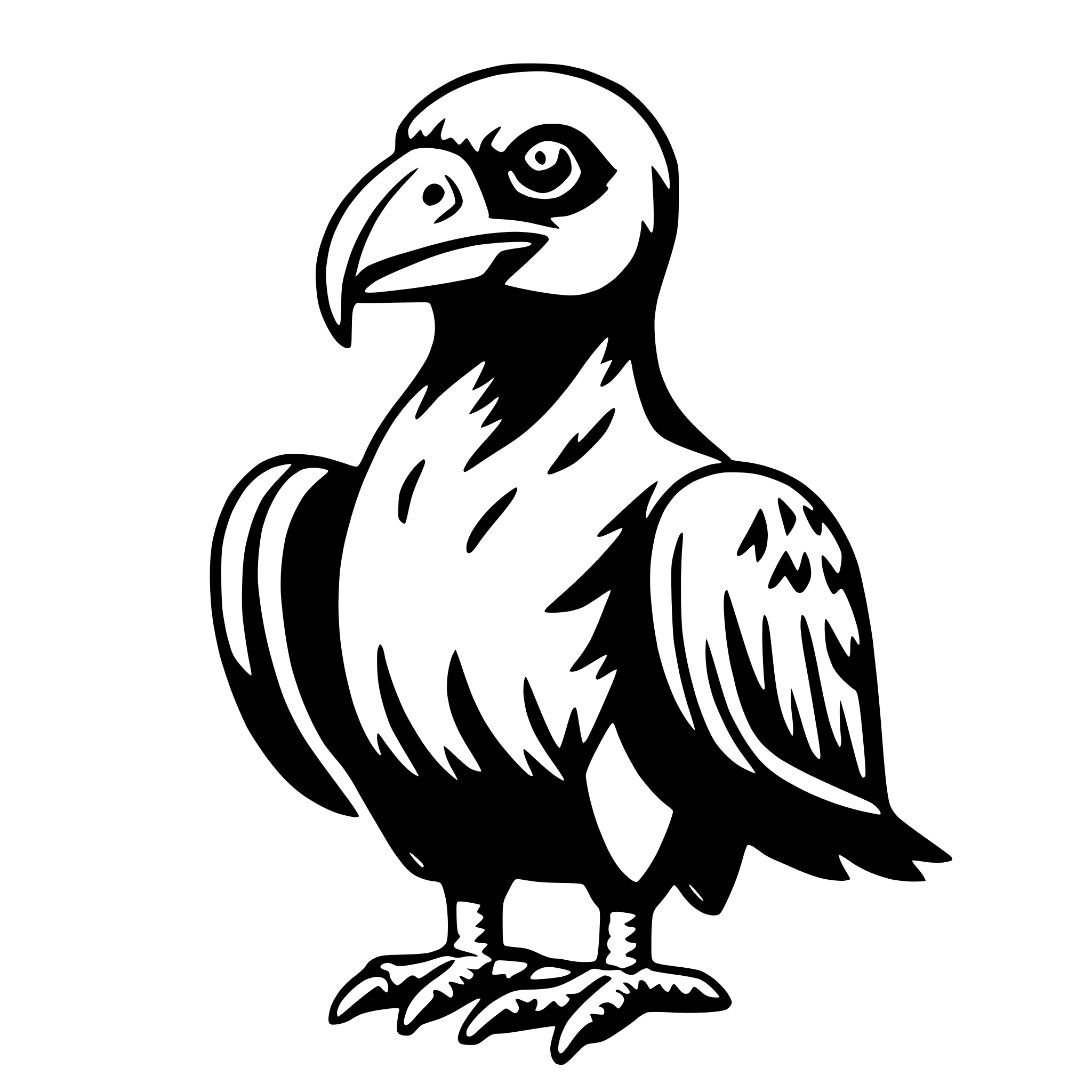 The SVG depicts a stylized black and white illustration of a bird. The bird is standing upright with its wings folded at its sides. It has a prominent beak, a small eye, and a tail feather that is slightly fanned out. The bird's feet are not visible in this view. The style of the illustration is simple and cartoonish, with bold outlines and minimal shading. 
