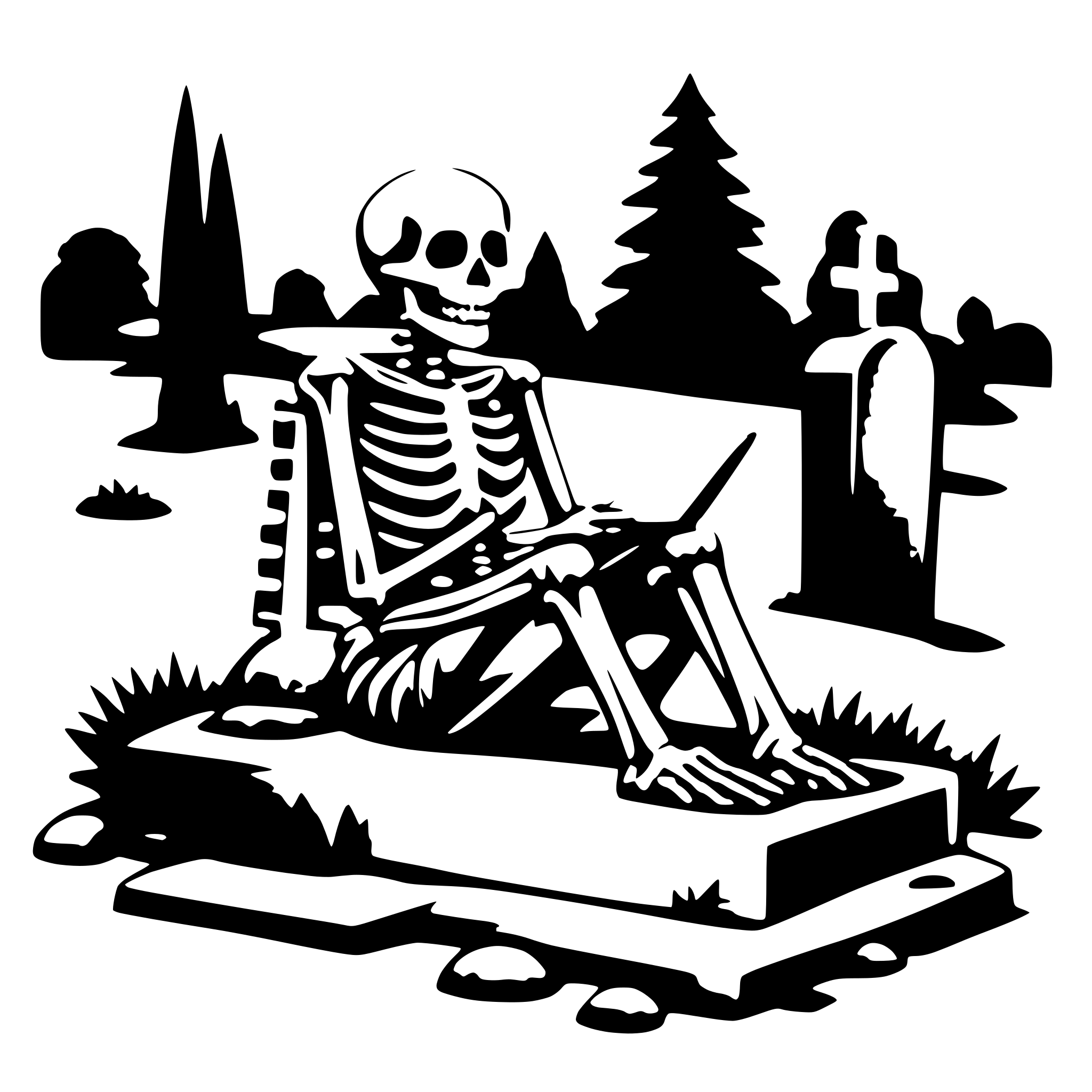AI-generated SVG of a a skeleton sitting on a grave an reading
