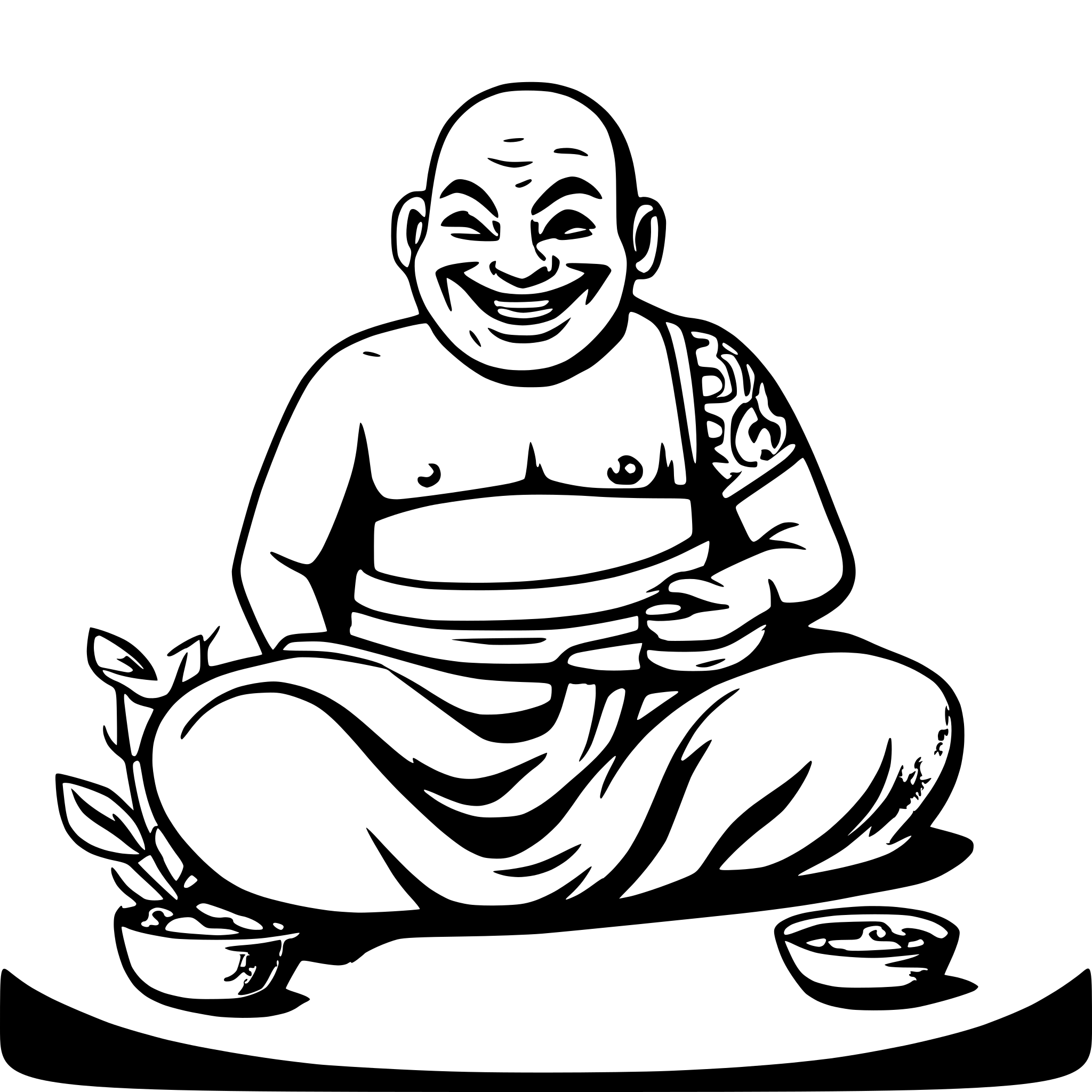 AI-generated SVG of a Generate a happy laughing Buda sitting there and presenting his big belly. in front of him is a pot and a plate with leftovers