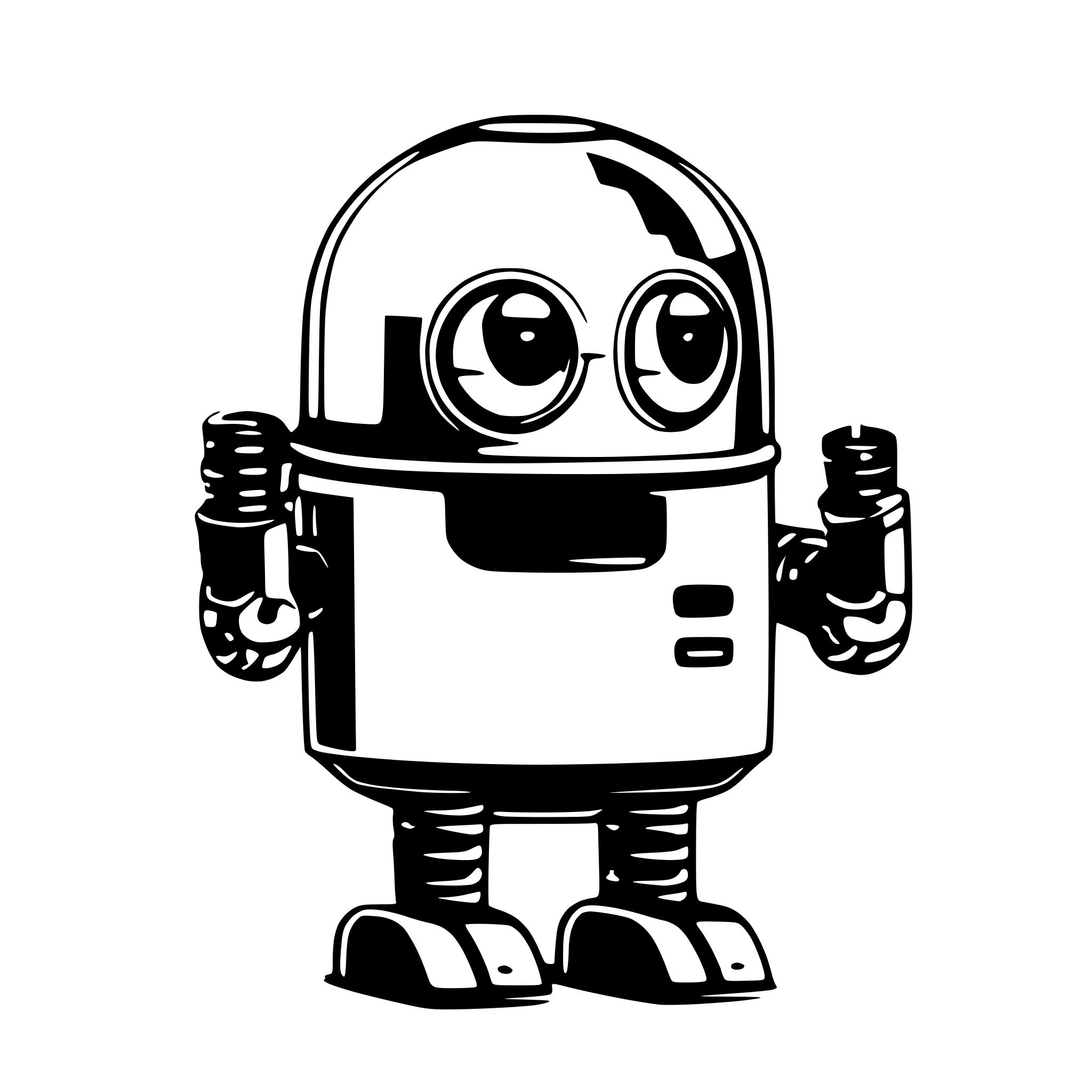 AI-generated SVG of a cute pet robot in the style of a retro Tamagotchi, with a rounded body, digital eyes, antenna, and mechanical arms. The robot should have a playful, minimalist look with pixel art details. Use bold lines, flat colors, and a cheerful expression. Make it suitable for a digital pet NFT collection.