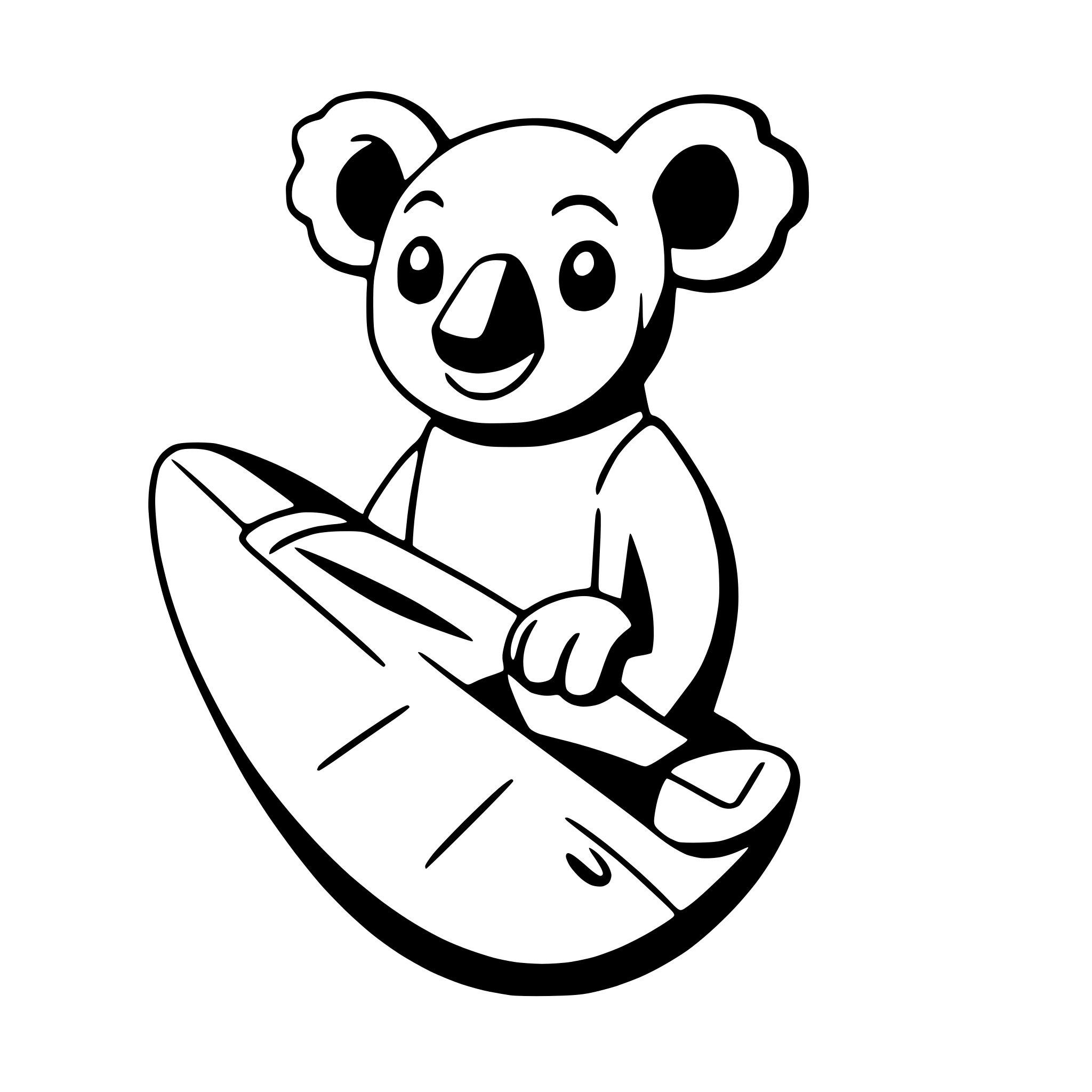 AI-generated SVG of a a cheerful koala with a surfboard