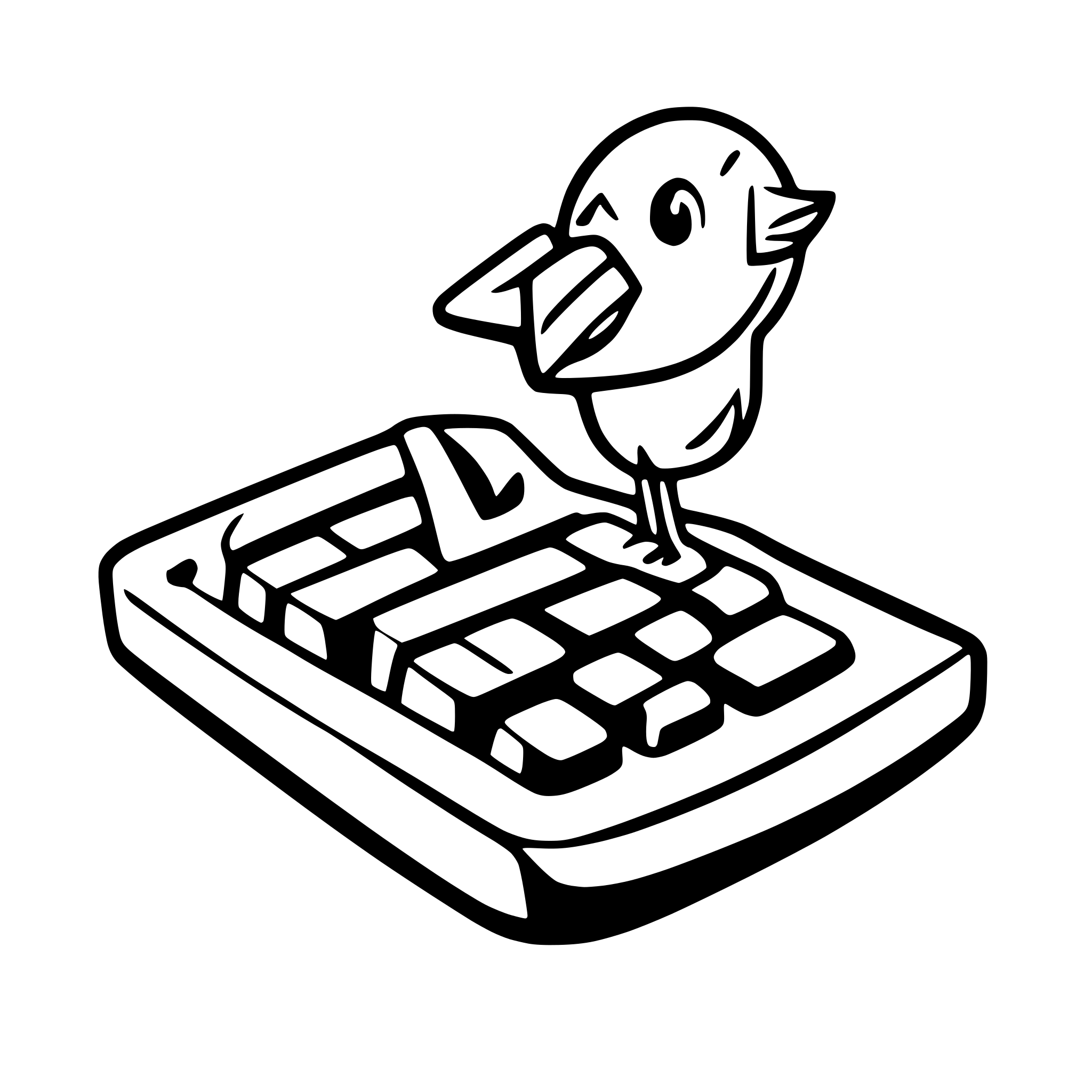 AI-generated SVG of a Simple small cute bird-outline bot typing on a floating keyboard, modern UI, clean lines, white background.