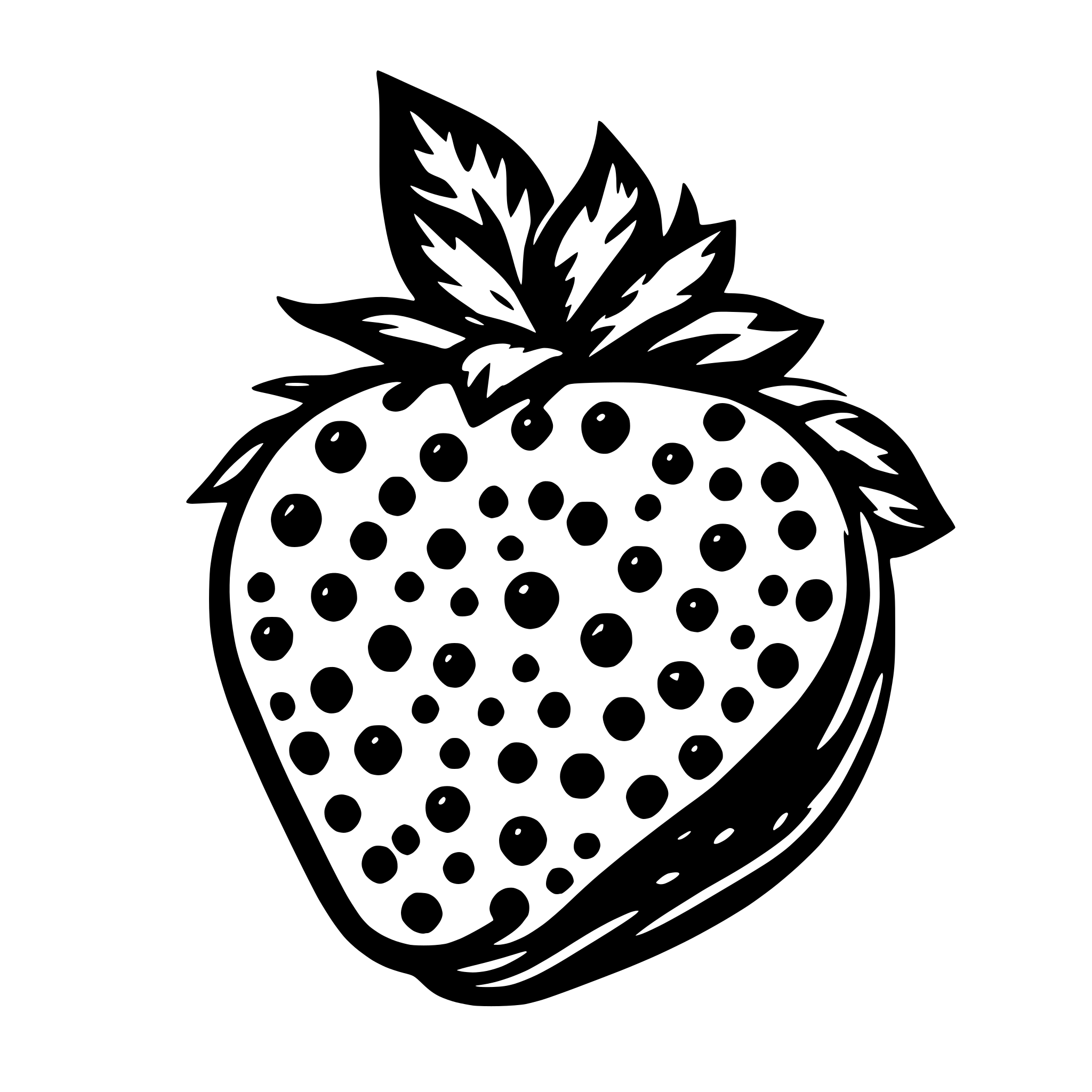 AI-generated SVG of a A black and white SVG of a single strawberry with a leafy top and small dots representing seeds. AI-generated SVG of a A black and white SVG of a single strawberry with a leafy top and small dots representing seeds.