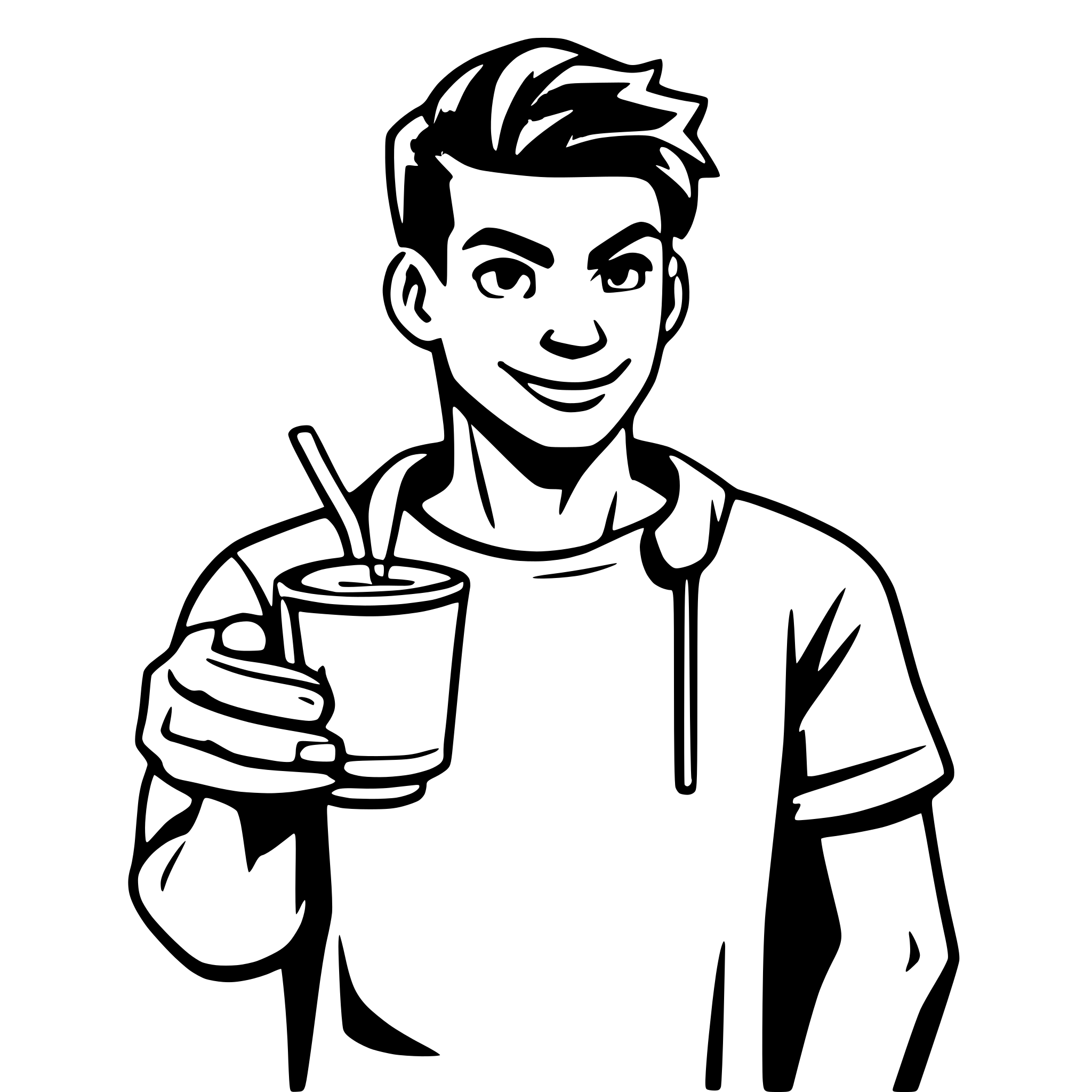 AI-generated SVG of a a guy upper body wearing a t-shirt holding a cup in one hand looking at the camera