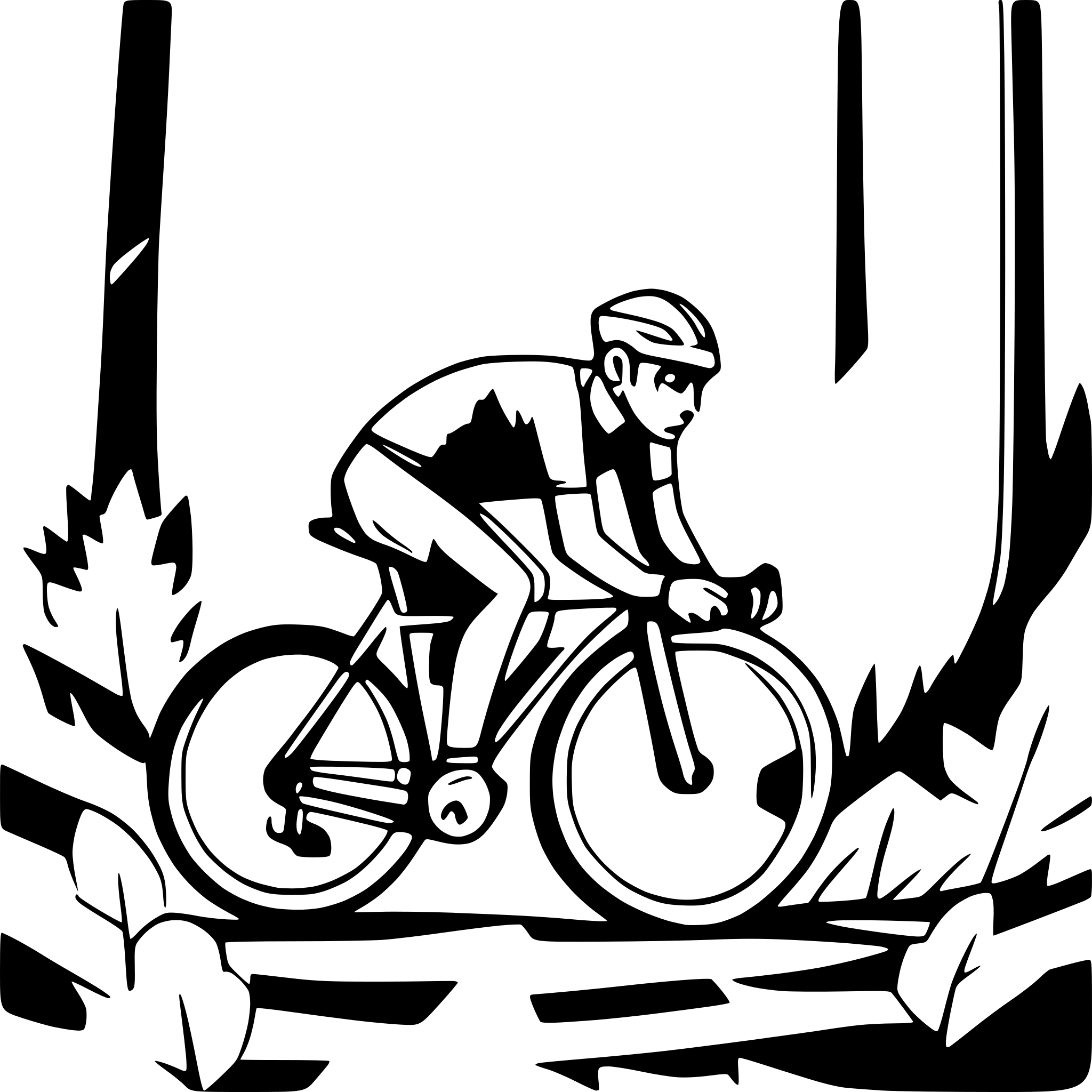 AI-generated SVG of a create me a lineart of a cyclist on his race cycle driving through a forrest