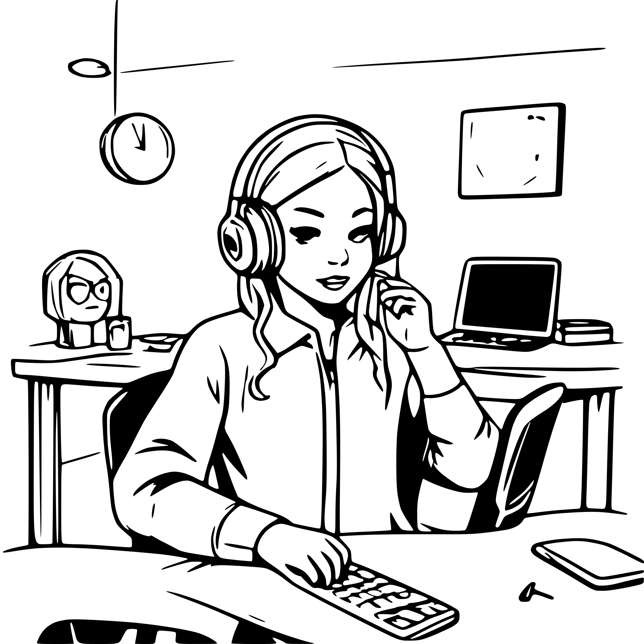 AI-generated SVG of a front camera person is sitting on desk chair with eeg headset on head